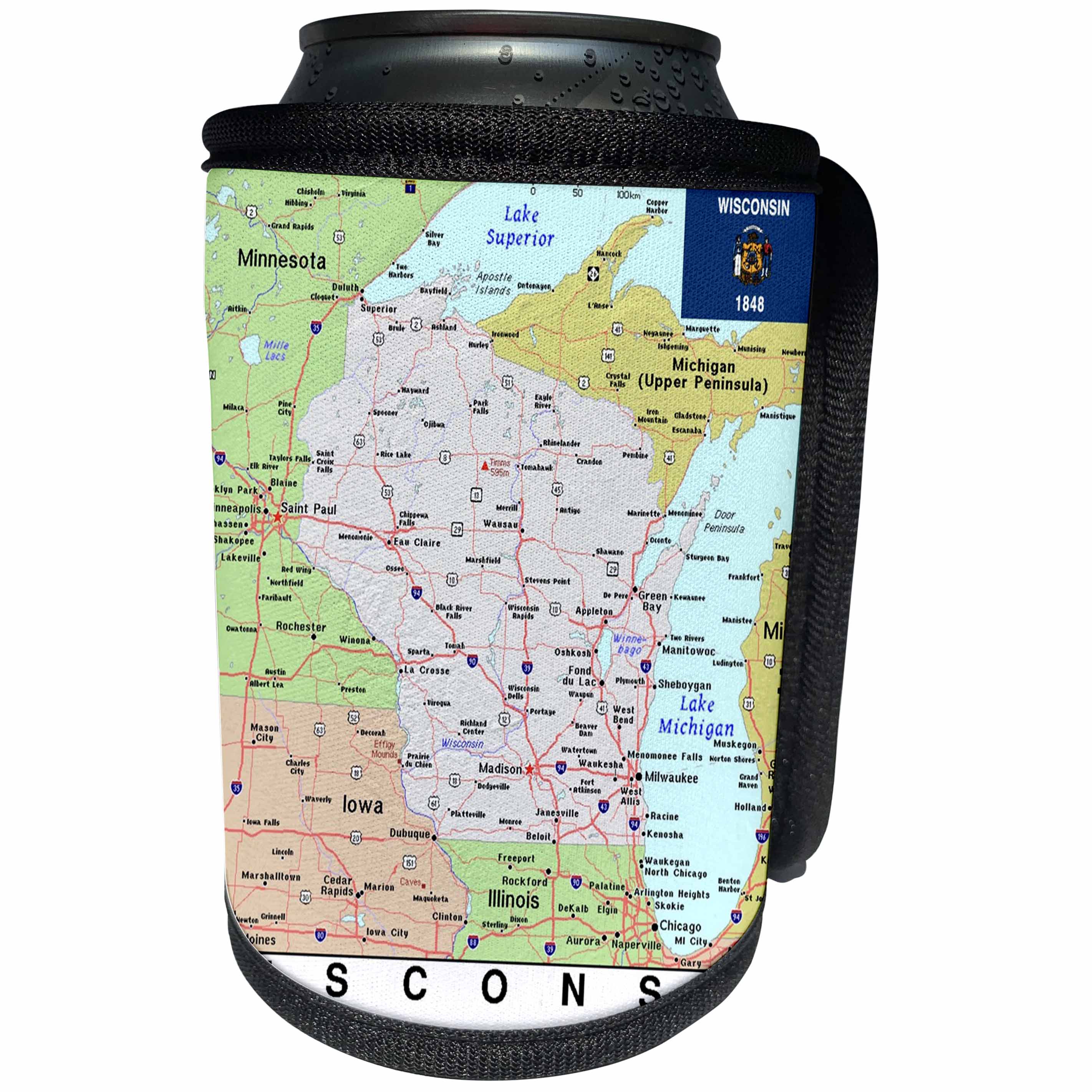 3dRose Lens Art by Florene - Topo Maps, Flags of States - Image of Wisconsin Topographic Map With Flag - Can Cooler Bottle Wrap (cc_291433)