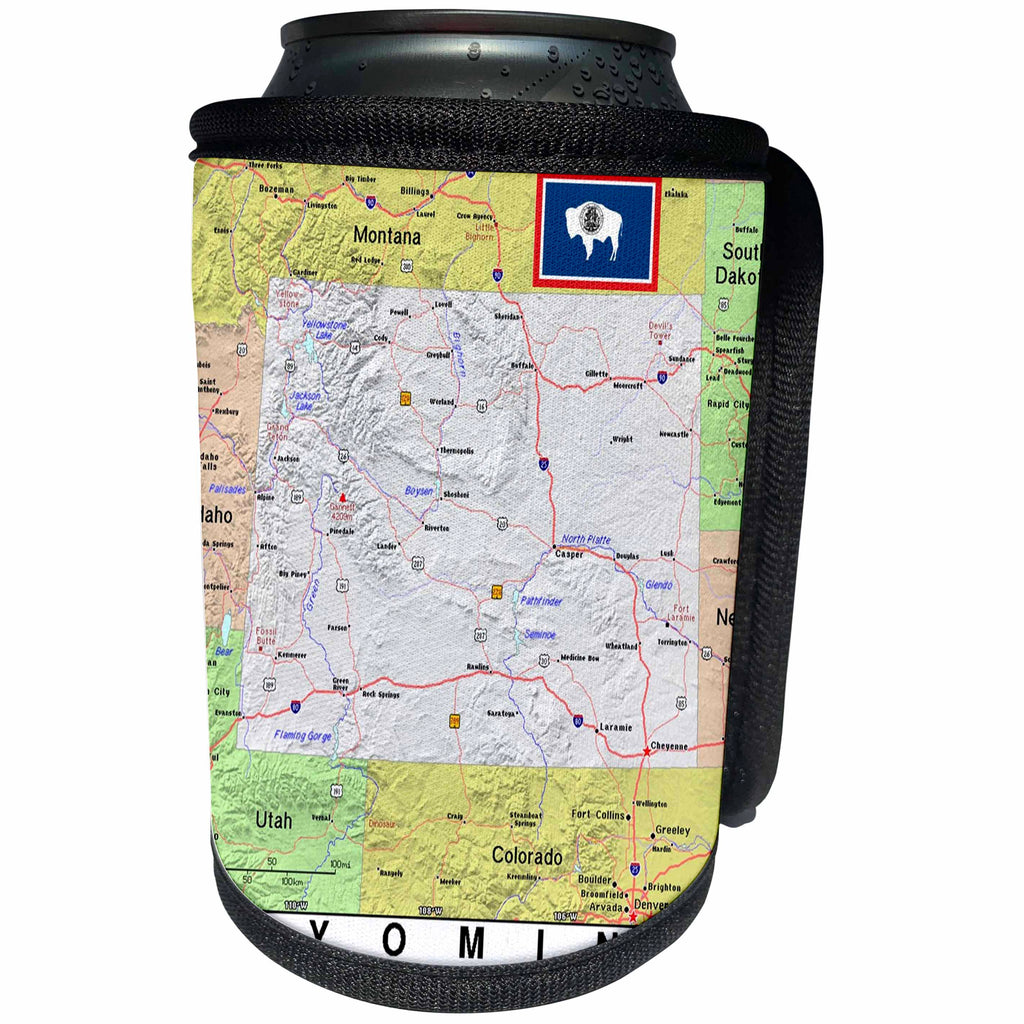 3dRose Lens Art by Florene - Topo Maps, Flags of States - Image of Wyoming Topographic Map With Flag - Can Cooler Bottle Wrap (cc_291434)