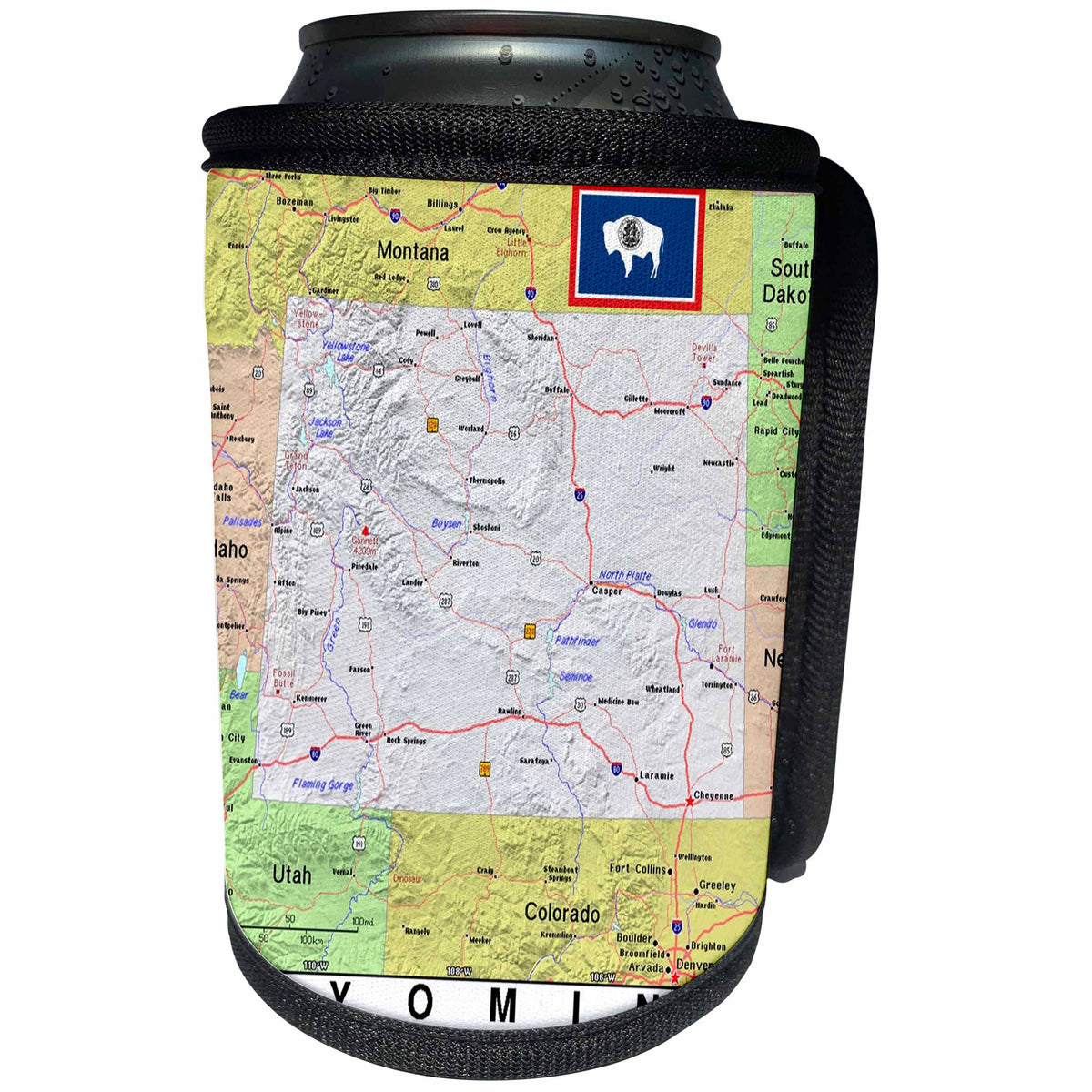 3dRose Lens Art by Florene - Topo Maps, Flags of States - Image of Wyoming Topographic Map With Flag - Can Cooler Bottle Wrap (cc_291434)