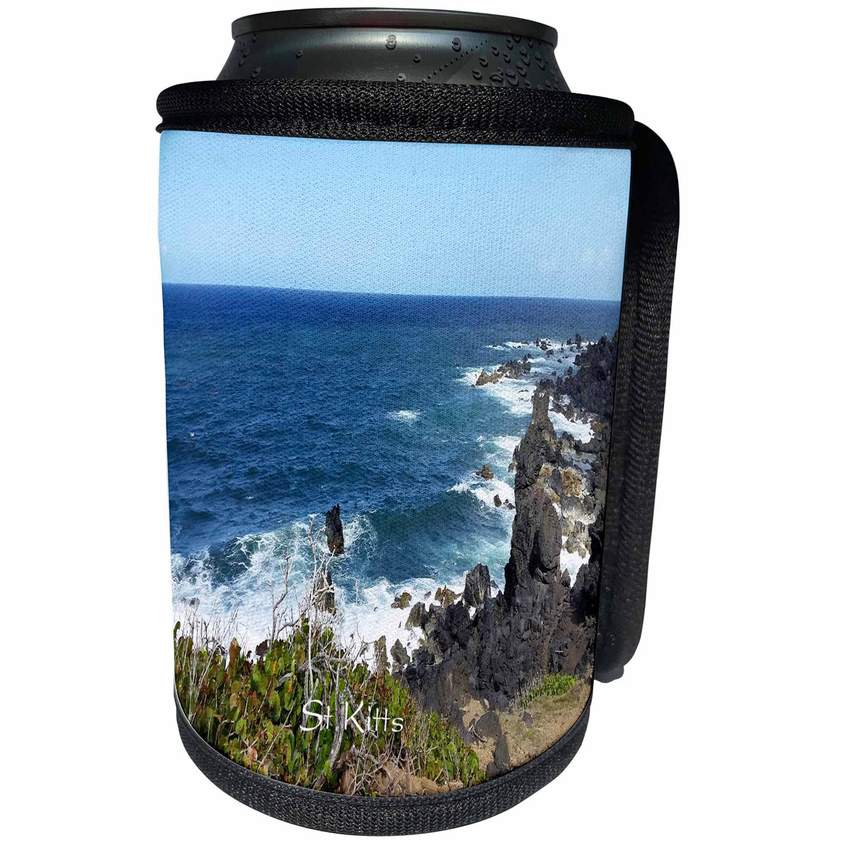 3dRose Lens Art by Florene - Cruise Ship Sites - Image of Cliffside On St Kitts With Caribbean Sea - Can Cooler Bottle Wrap (cc_291439)