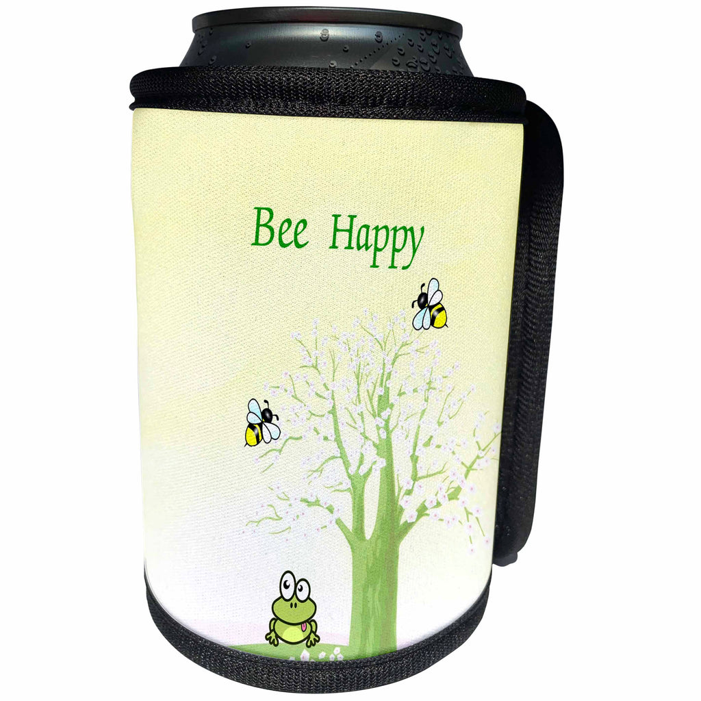 3dRose Lens Art by Florene - Humor - Image of Bee Happy With Cartoon Tree And Bees - Can Cooler Bottle Wrap (cc_291471)