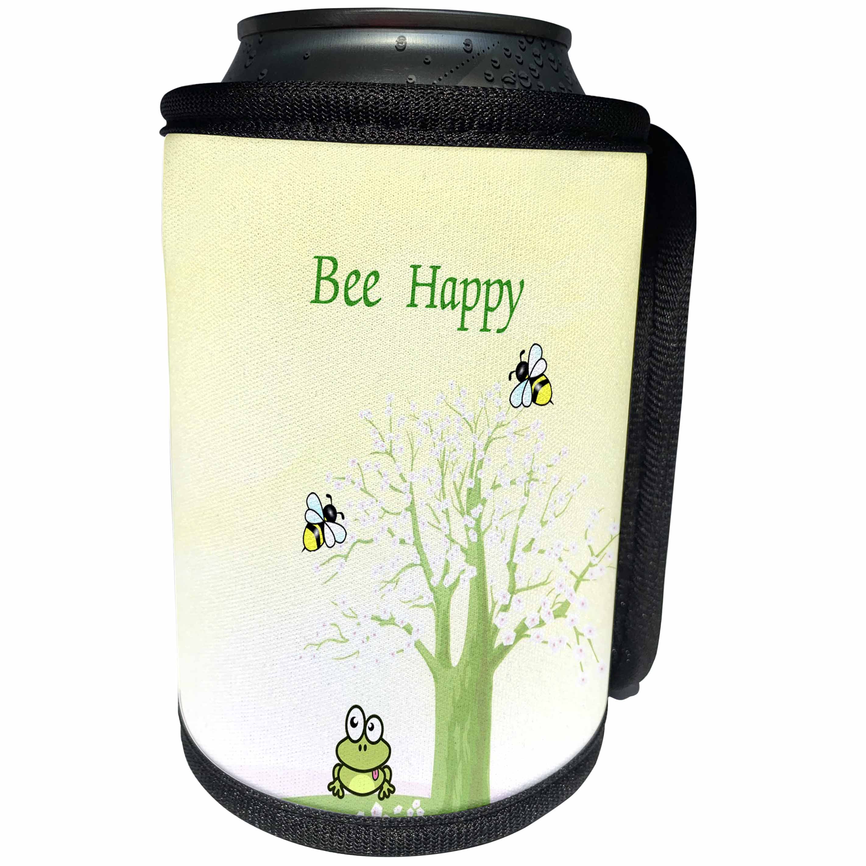 3dRose Lens Art by Florene - Humor - Image of Bee Happy With Cartoon Tree And Bees - Can Cooler Bottle Wrap (cc_291471)