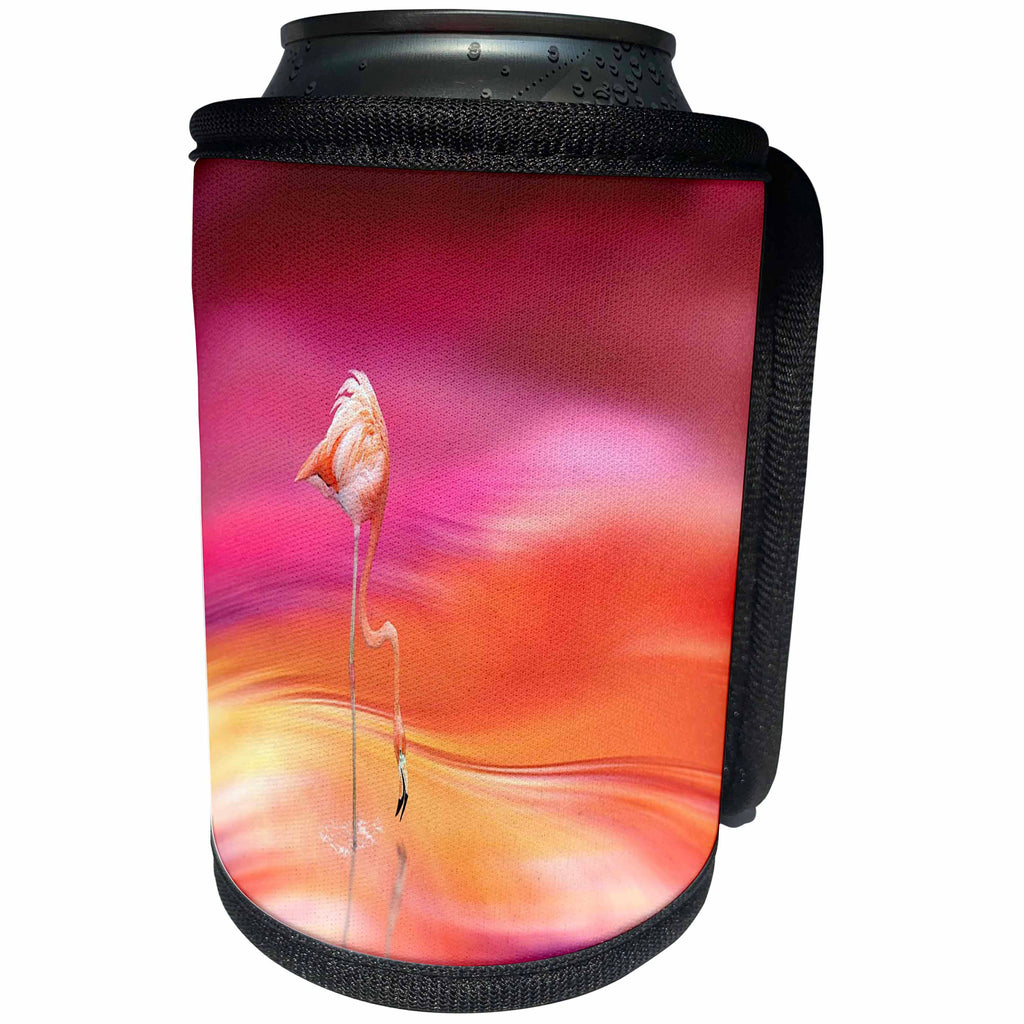 3dRose Lens Art by Florene - Décor Three - Image of Flamingo On Dreamy Pink Orange Sky And Sea - Can Cooler Bottle Wrap (cc_291478)