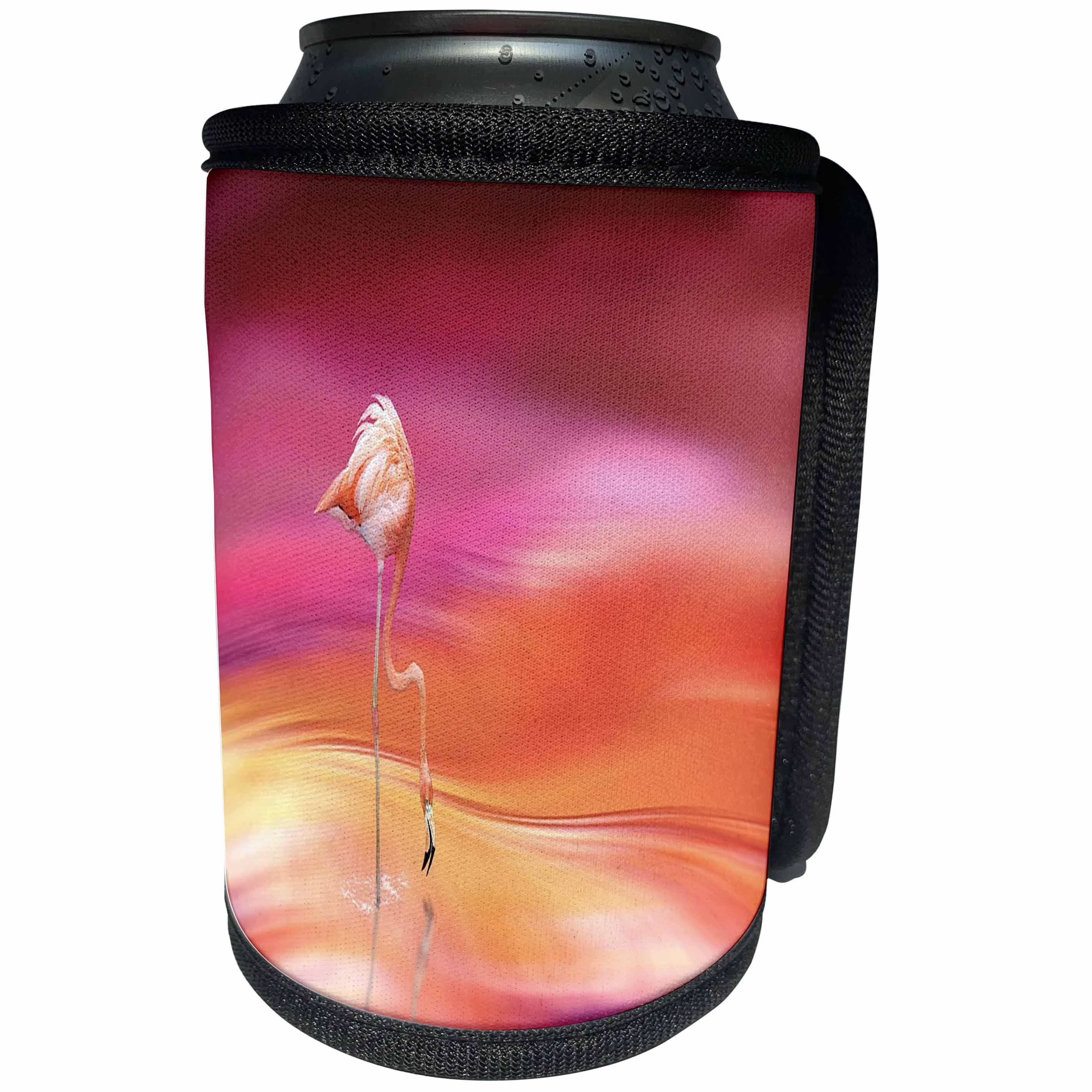3dRose Lens Art by Florene - Décor Three - Image of Flamingo On Dreamy Pink Orange Sky And Sea - Can Cooler Bottle Wrap (cc_291478)