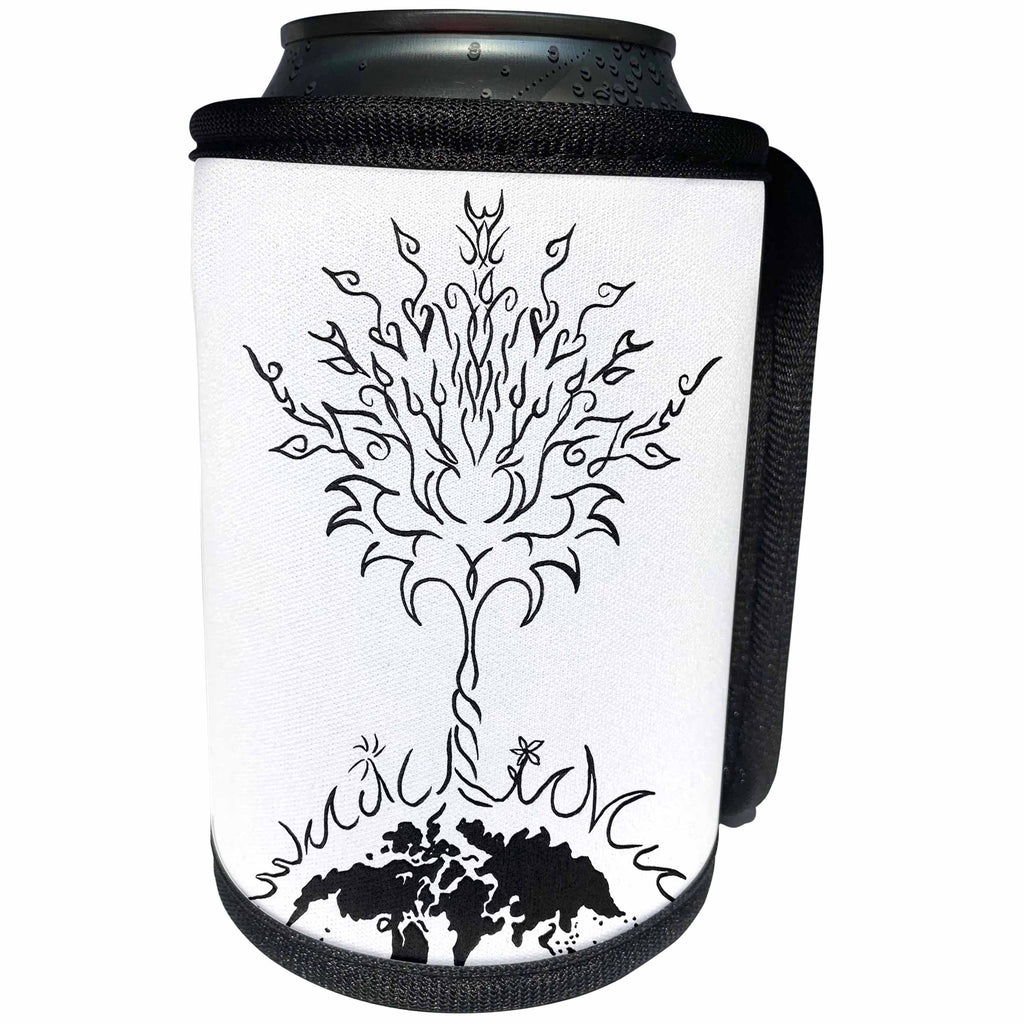 3dRose Art By Mandy Joy - Simplicity - A simple black and white tattoo style painting of a tree and the world. - Can Cooler Bottle Wrap (cc_291504)