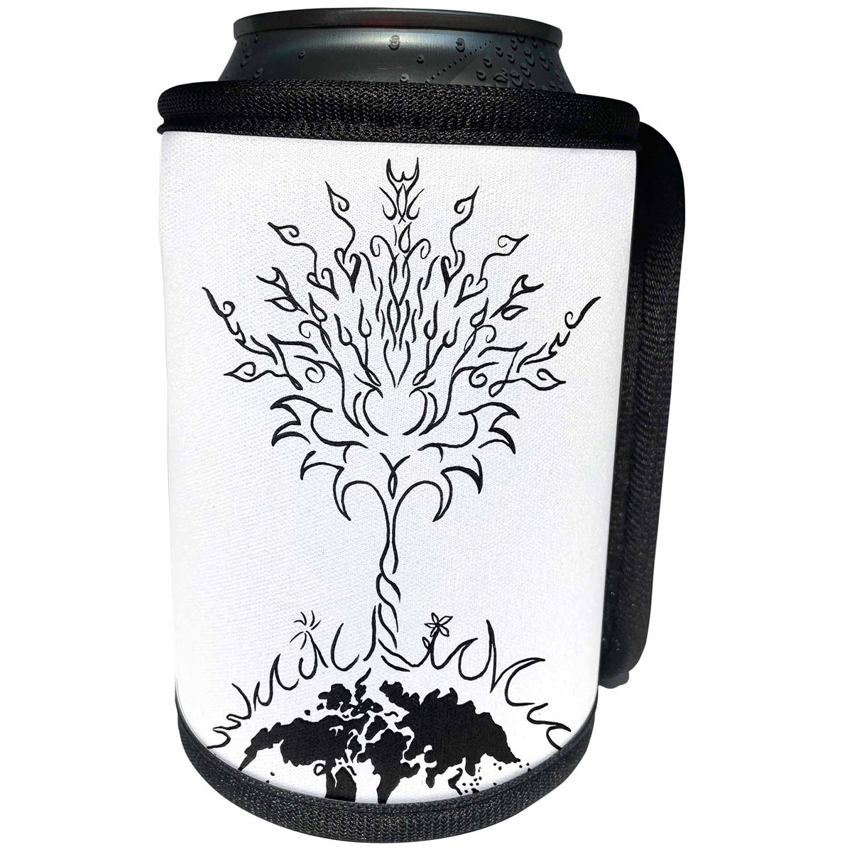 3dRose Art By Mandy Joy - Simplicity - A simple black and white tattoo style painting of a tree and the world. - Can Cooler Bottle Wrap (cc_291504)