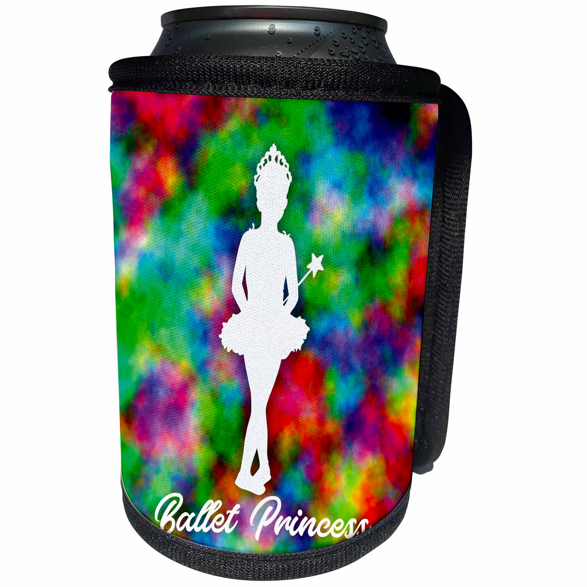 3dRose Russ Billington Designs - Colorful Ballet Princess Design in White over Rainbow Backgound - Can Cooler Bottle Wrap (cc_291526)