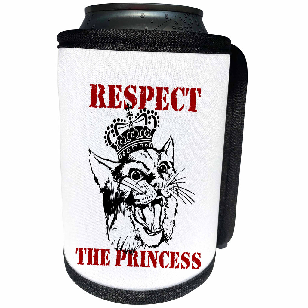 3dRose Russ Billington Designs - Funny Cat Drawing- Respect The Princess in Black and Red - Can Cooler Bottle Wrap (cc_291529)