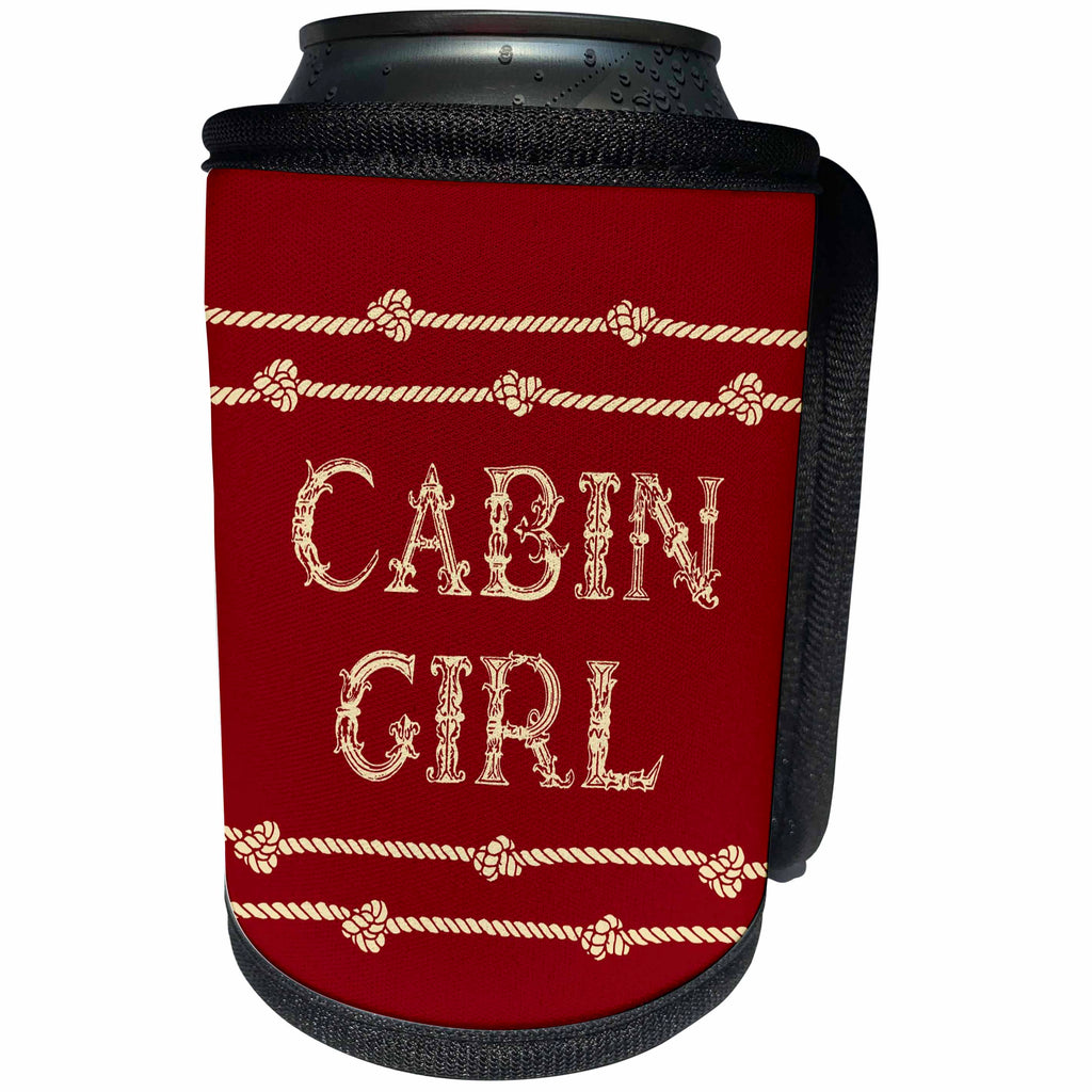 3dRose Russ Billington Nautical Designs - Funny Knotted Ropes and text Cabin Girl in Red and Ivory - Can Cooler Bottle Wrap (cc_291535)