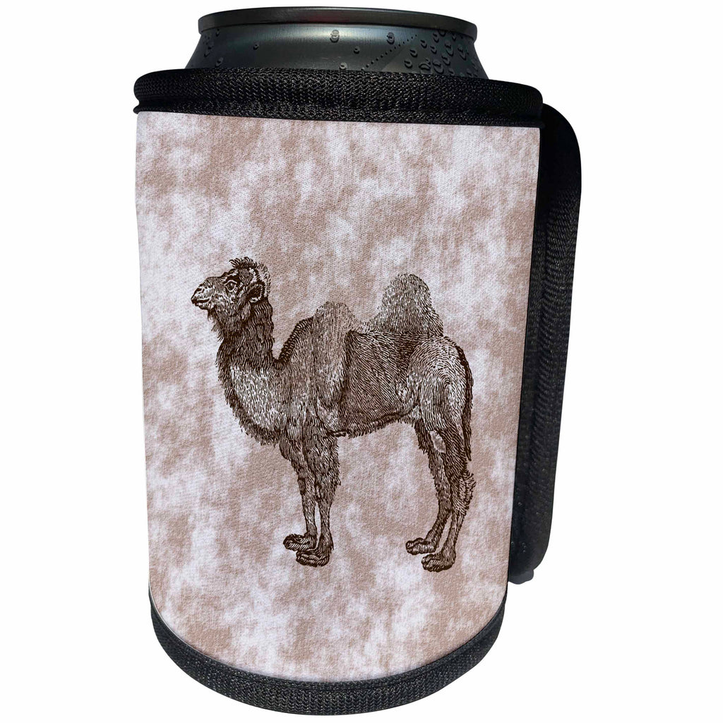 3dRose Russ Billington Designs - Camel- Vintage Engraving of Camel in Brown on Patterned Background - Can Cooler Bottle Wrap (cc_291538)