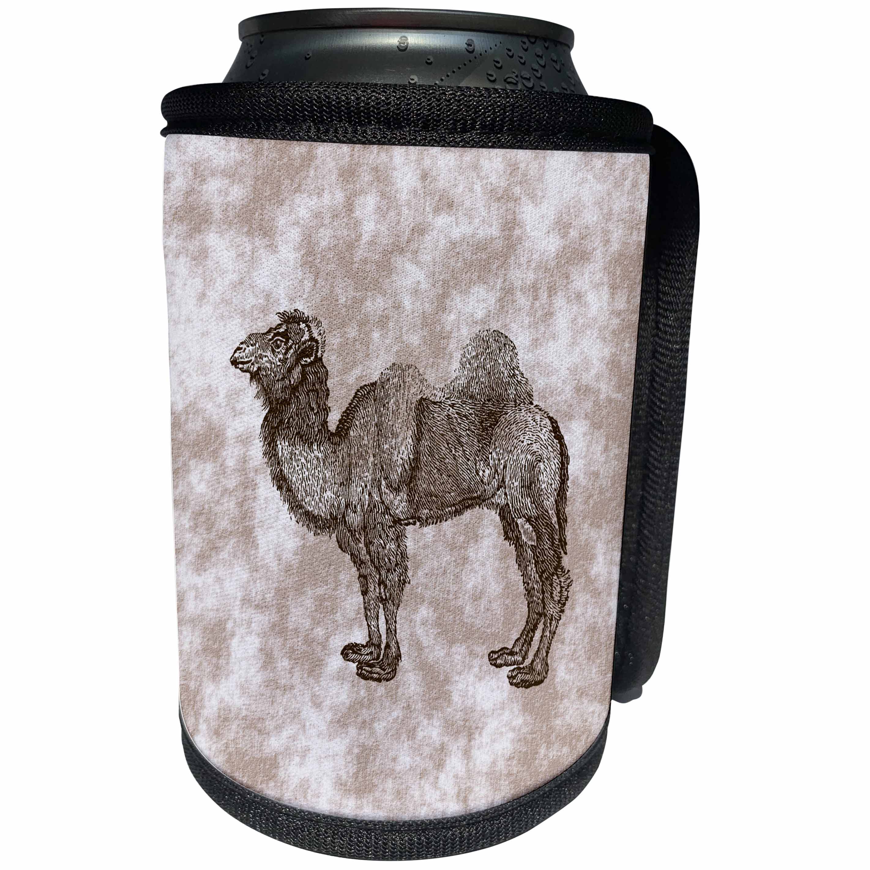 3dRose Russ Billington Designs - Camel- Vintage Engraving of Camel in Brown on Patterned Background - Can Cooler Bottle Wrap (cc_291538)