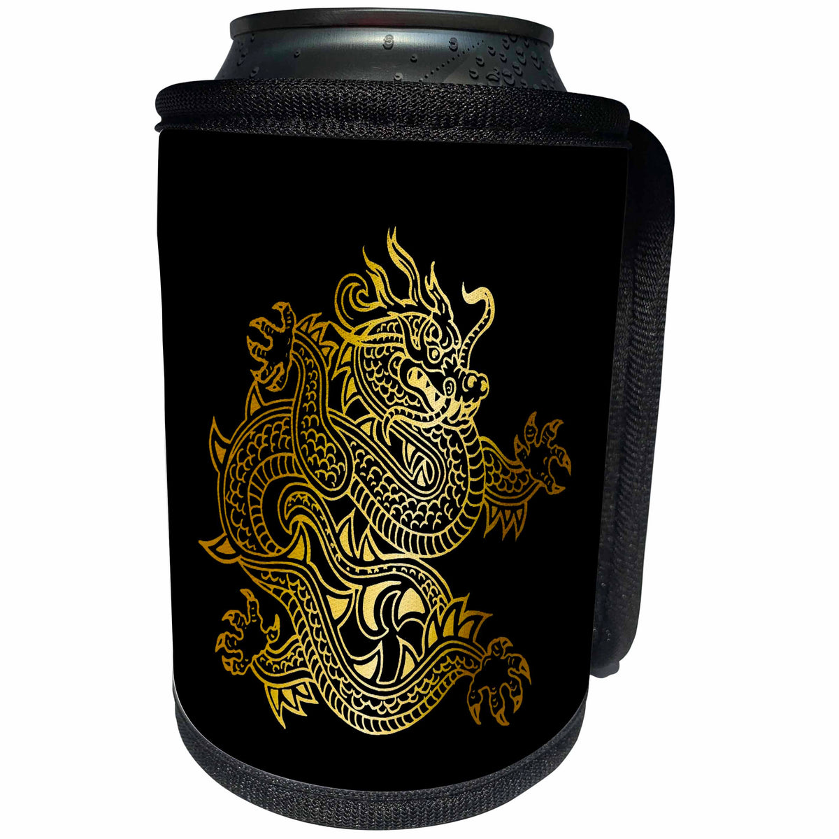 3dRose Russ Billington Designs - Image of Gold Effect Dragon on Black- not actual gold metallic foil - Can Cooler Bottle Wrap (cc_291542)