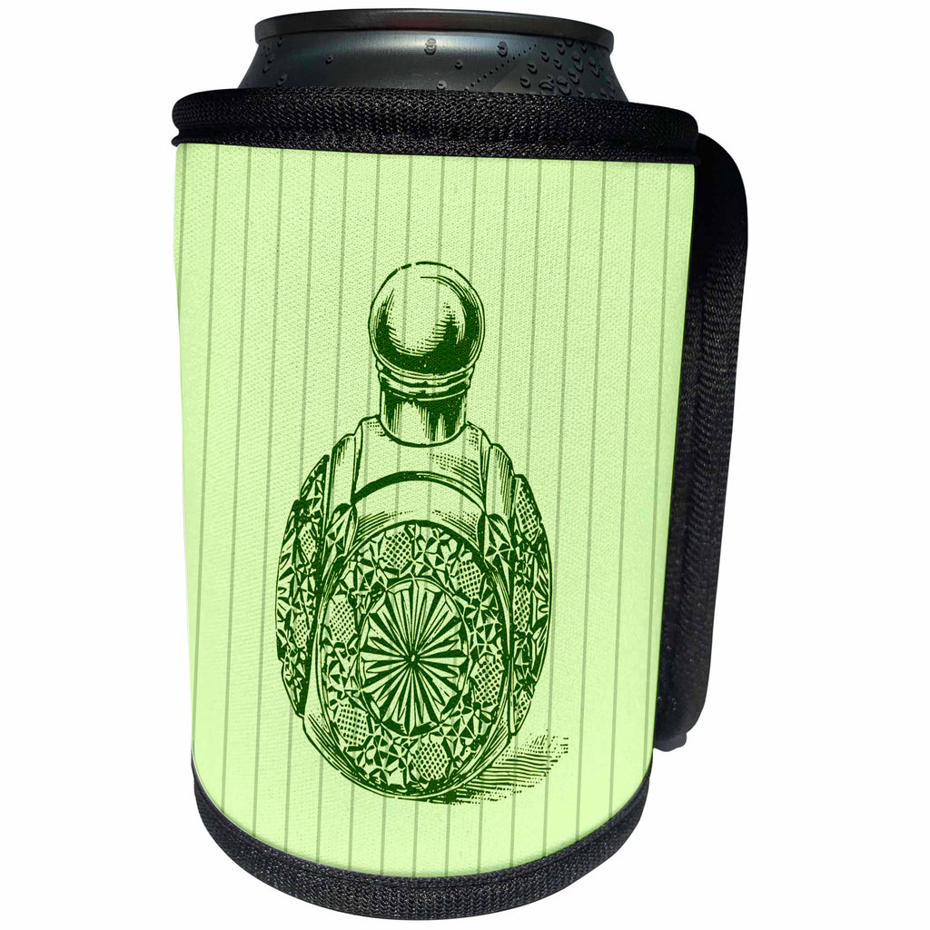 3dRose Russ Billington Designs - Vintage Perfume Bottle on Green Stripe Background - Can Cooler Bottle Wrap (cc_291553)