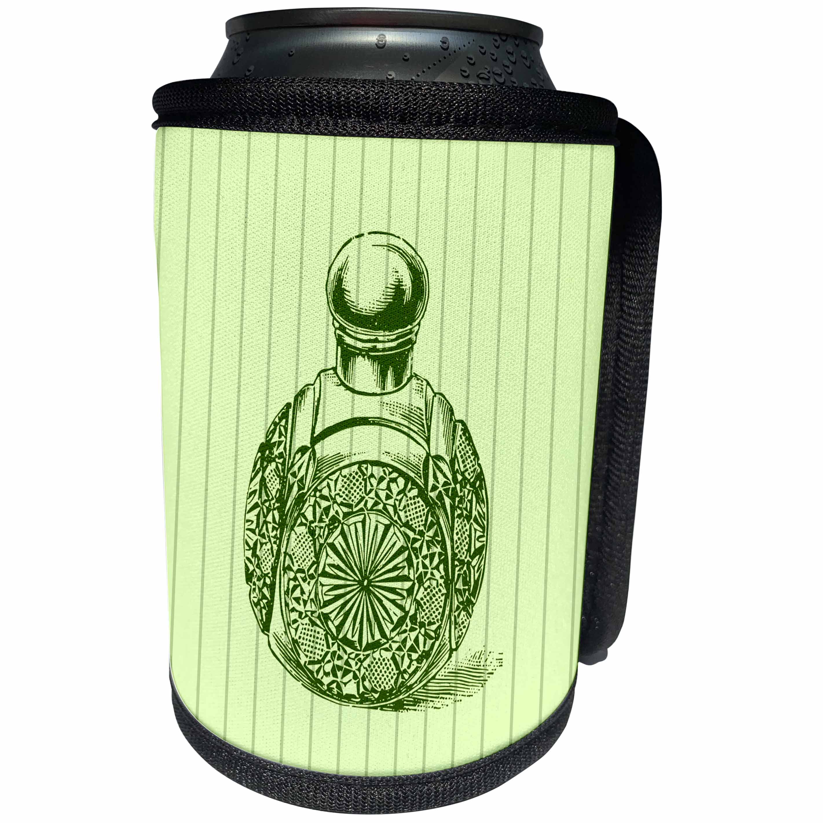 3dRose Russ Billington Designs - Vintage Perfume Bottle on Green Stripe Background - Can Cooler Bottle Wrap (cc_291553)