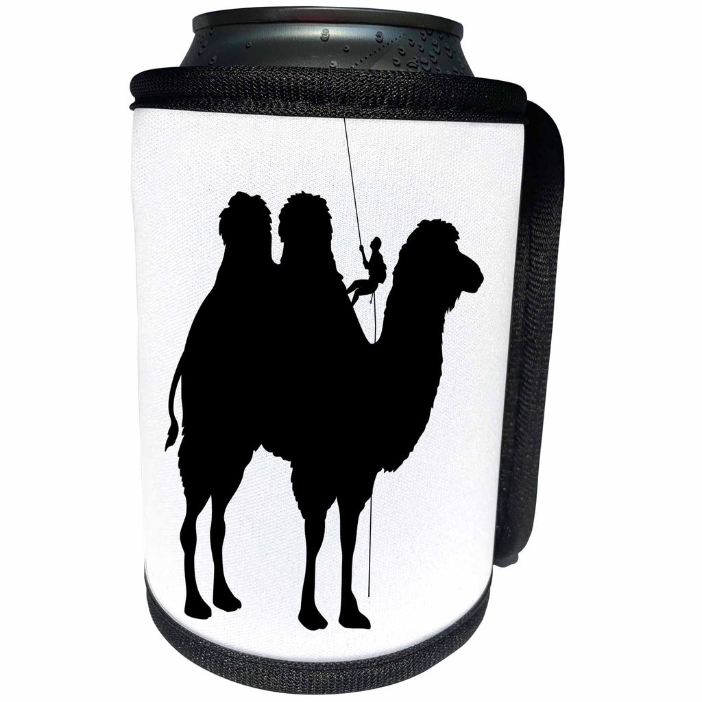 3dRose Russ Billington Designs - Funny Camel with Mountain Climber Design in Black and White - Can Cooler Bottle Wrap (cc_291558)