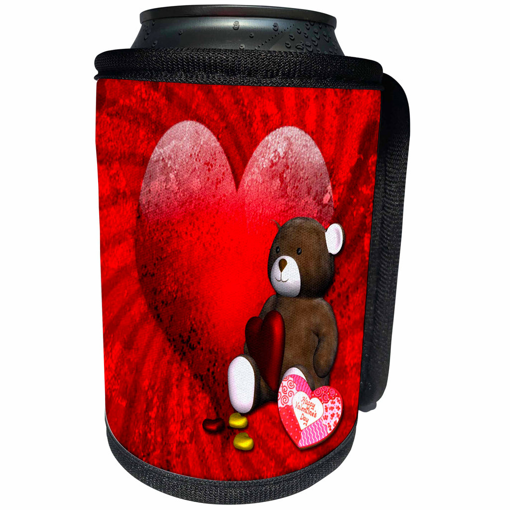 3dRose Spiritual Awakenings Holidays Valentines Day - Adorable bear and big red heart just waiting to find true love - Can Cooler Bottle Wrap (cc_291634)