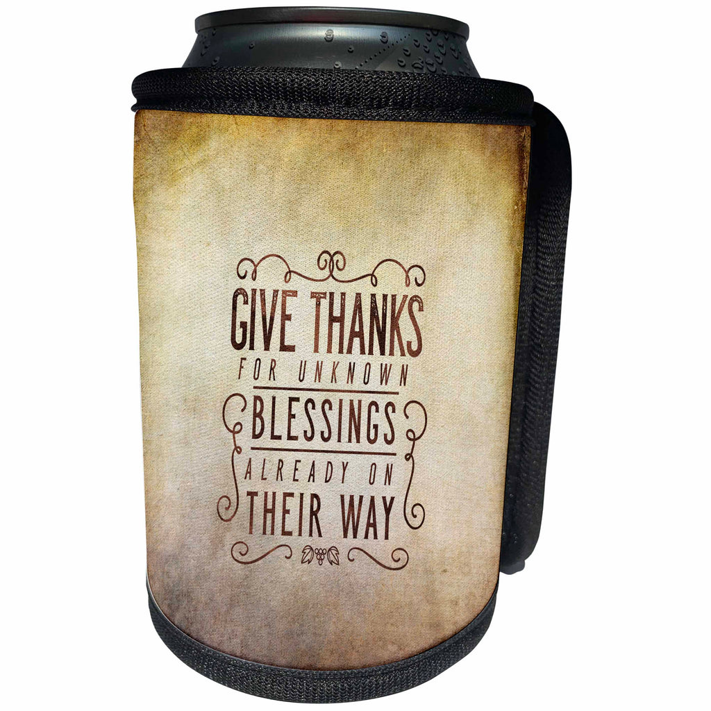 3dRose Andrea Haase Holiday Illustration - Give Thanks HolidayTyopography On Textured Background - Can Cooler Bottle Wrap (cc_291645)