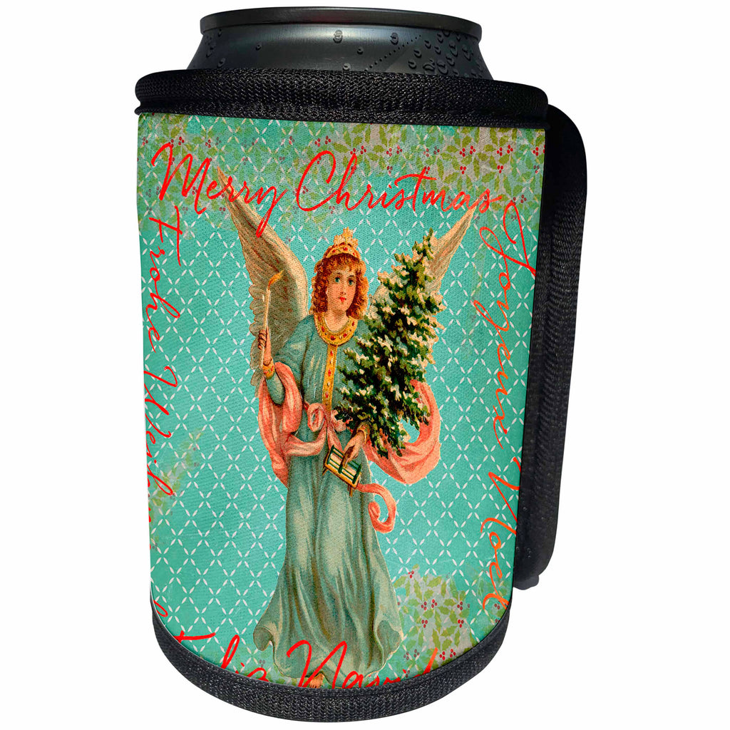 3dRose Andrea Haase Holiday Illustration - Angel With Christmas Tree And Text Retro Style Design In Turquoise - Can Cooler Bottle Wrap (cc_291651)