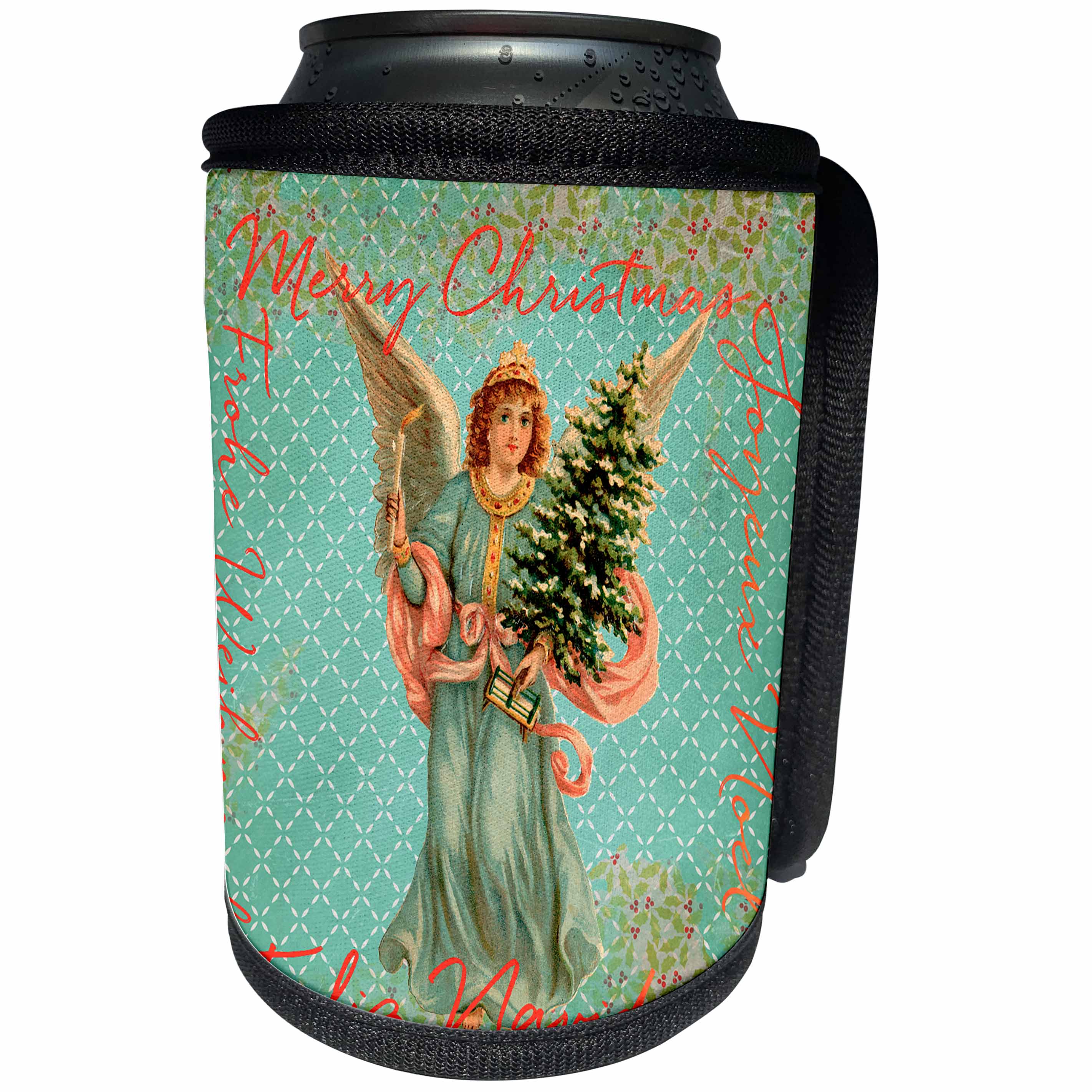3dRose Andrea Haase Holiday Illustration - Angel With Christmas Tree And Text Retro Style Design In Turquoise - Can Cooler Bottle Wrap (cc_291651)