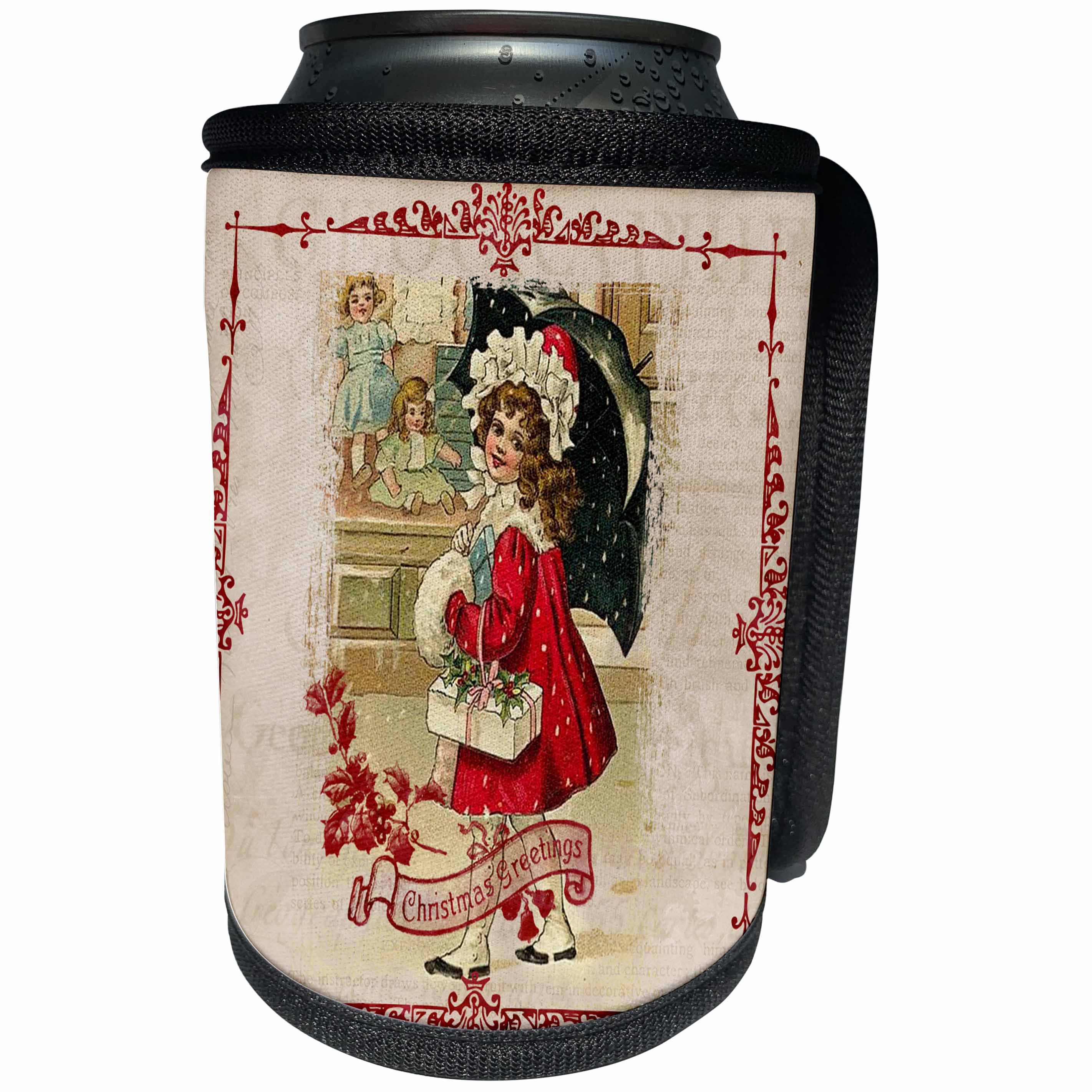 3dRose Andrea Haase Holiday Illustration - Nostalgic Christmas Illustration With Cute Girl In Red Coat - Can Cooler Bottle Wrap (cc_291666)