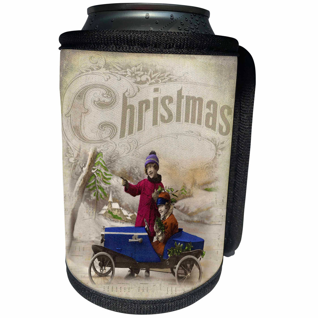 3dRose Andrea Haase Holiday Illustration - Two Kids And Toy Car Vintage Christmas Design From Old Photo - Can Cooler Bottle Wrap (cc_291672)