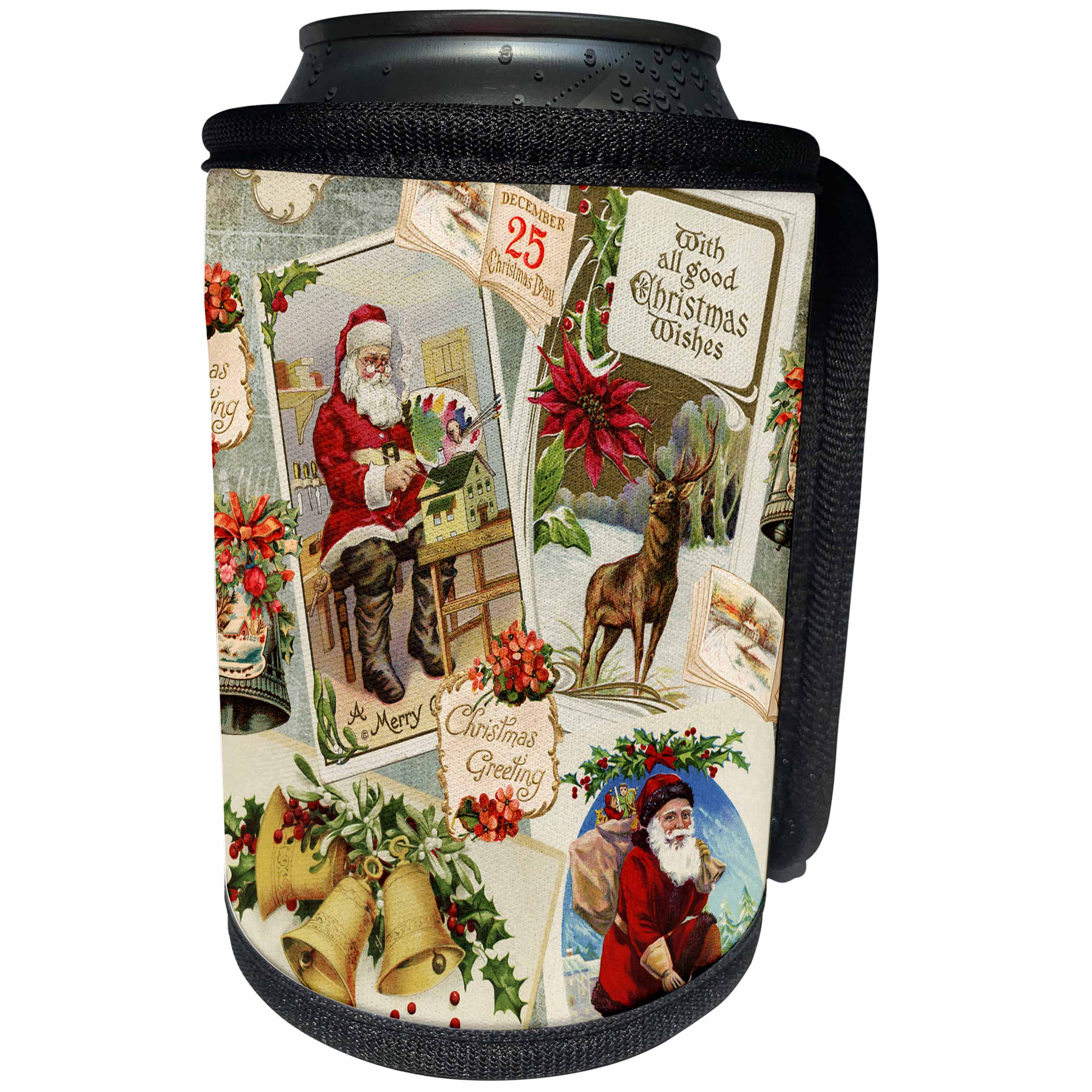 3dRose Andrea Haase Holiday Illustration - Retro Christmas Collage With Santa And Bells - Can Cooler Bottle Wrap (cc_291680)