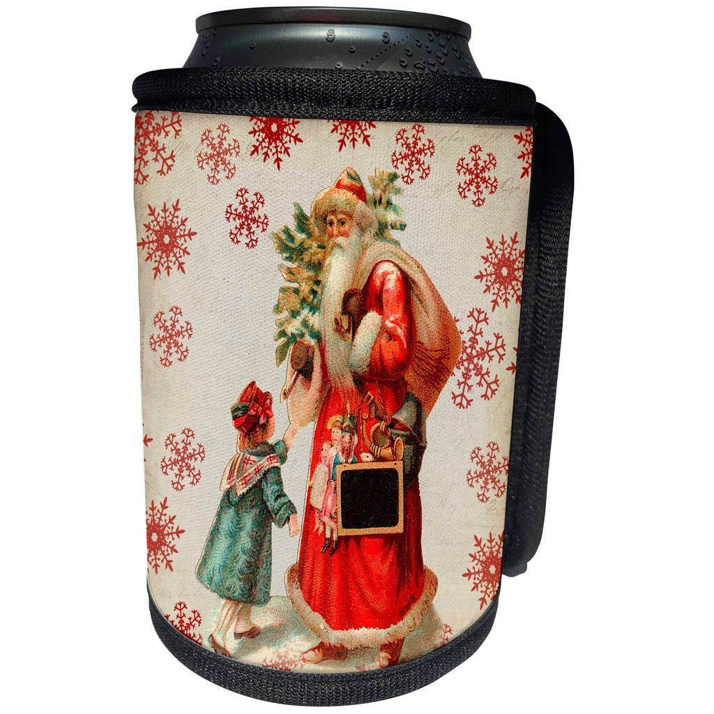 3dRose Andrea Haase Holiday Illustration - Traditional Santa With Toys and Little Girl Vintage Christmas Design - Can Cooler Bottle Wrap (cc_291683)