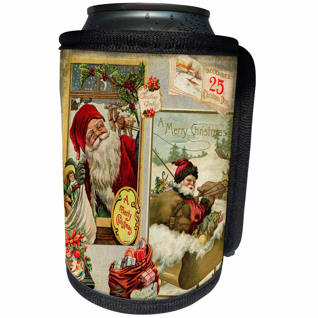 3dRose Andrea Haase Holiday Illustration - Nostalgic Christmas Collage With Santa And Presents - Can Cooler Bottle Wrap (cc_291684)