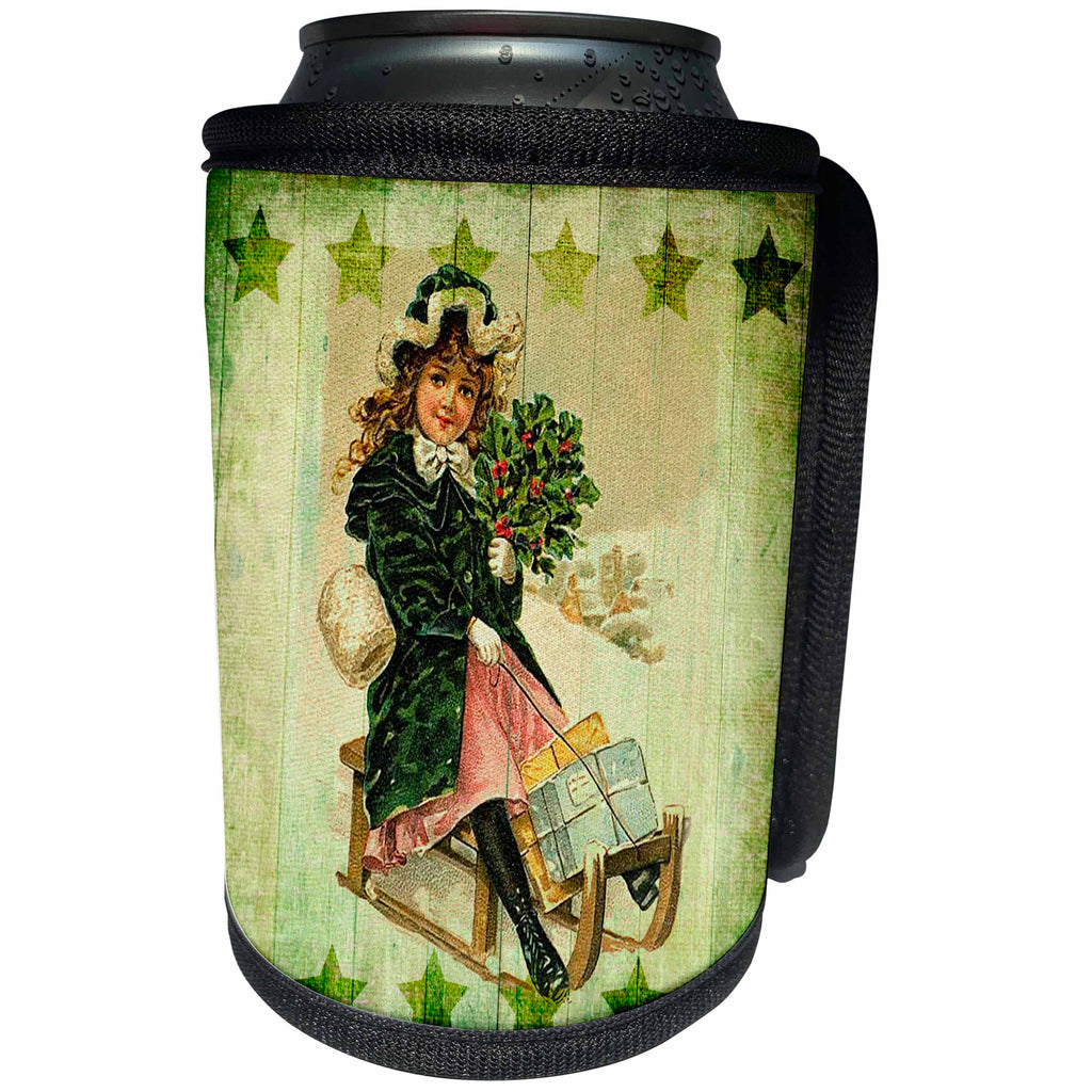 3dRose Andrea Haase Holiday Illustration - Vintage Christmas Art Smiling Girl In Green Coat On Sledge - Can Cooler Bottle Wrap (cc_291687)