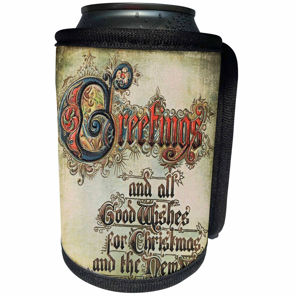 3dRose Andrea Haase Holiday Illustration - Vintage Christmas Greetings Calligraphy - Can Cooler Bottle Wrap (cc_291695)