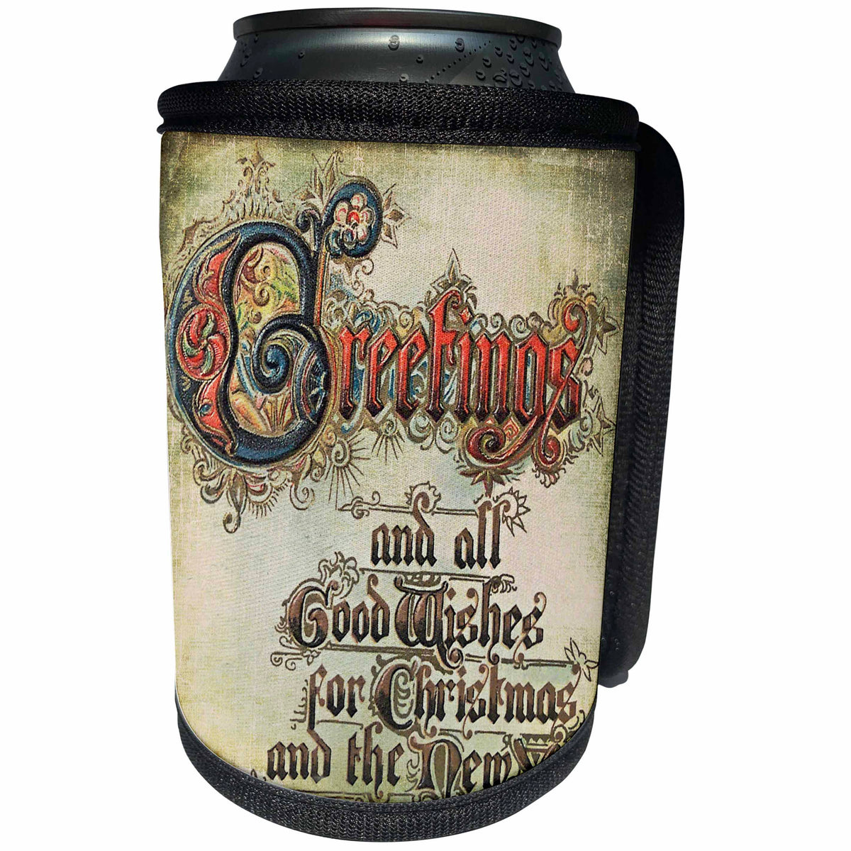 3dRose Andrea Haase Holiday Illustration - Vintage Christmas Greetings Calligraphy - Can Cooler Bottle Wrap (cc_291695)