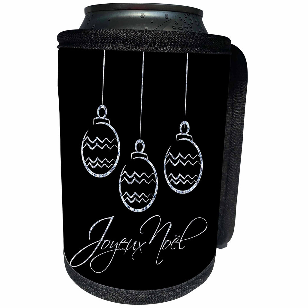 3dRose Andrea Haase Holiday Illustration - Silver Christmas Baubles On Black With French Christmas Greetings - Can Cooler Bottle Wrap (cc_291696)
