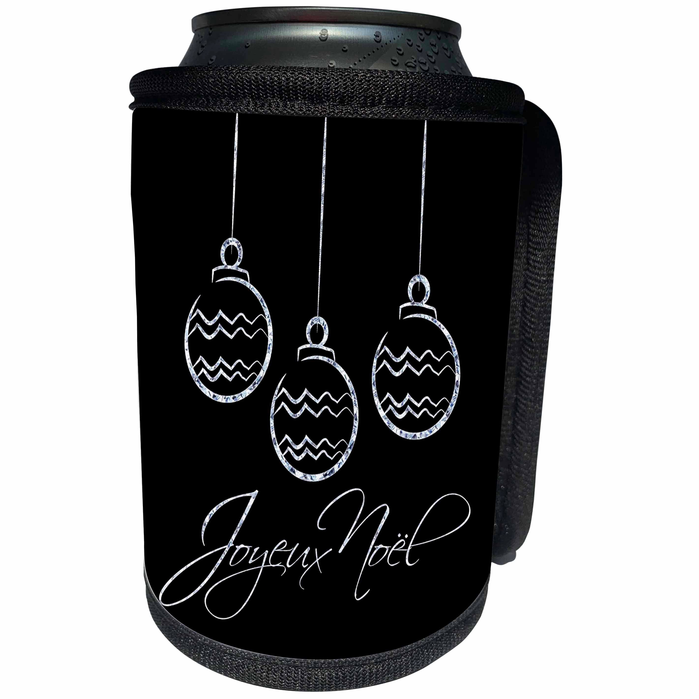 3dRose Andrea Haase Holiday Illustration - Silver Christmas Baubles On Black With French Christmas Greetings - Can Cooler Bottle Wrap (cc_291696)
