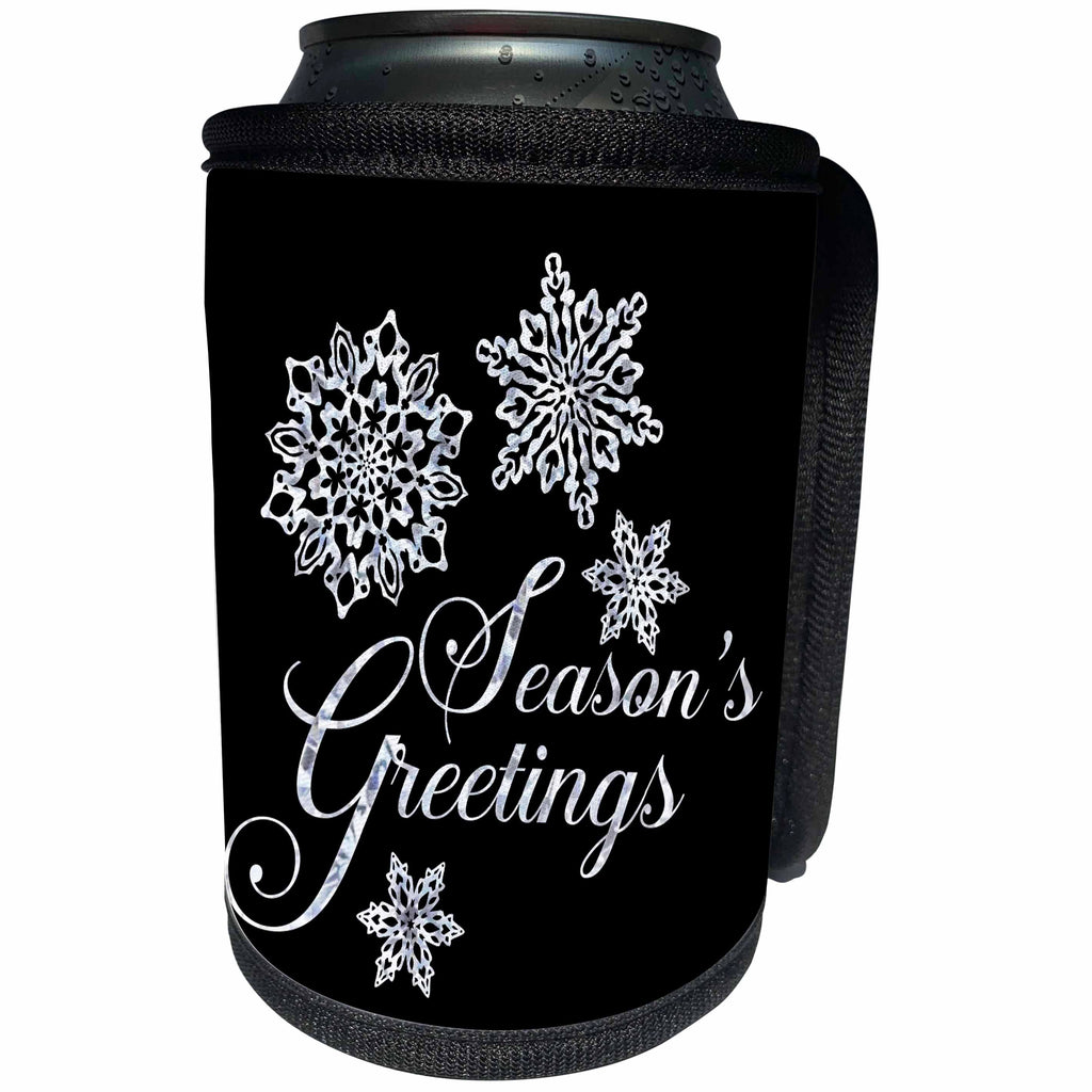 3dRose Andrea Haase Holiday Illustration - Silver Snow Crystal Ornaments On Black With Christmas Typography - Can Cooler Bottle Wrap (cc_291697)