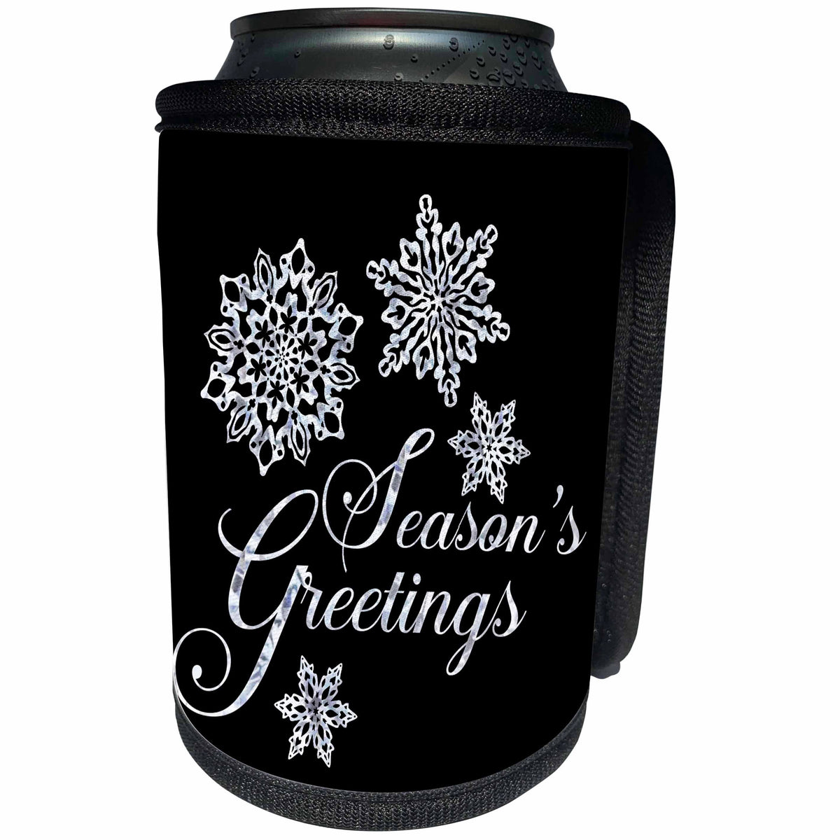 3dRose Andrea Haase Holiday Illustration - Silver Snow Crystal Ornaments On Black With Christmas Typography - Can Cooler Bottle Wrap (cc_291697)