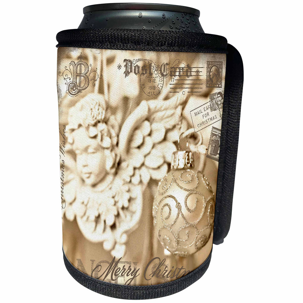 3dRose Andrea Haase Holiday Illustration - Mixed Media Art Christmas Photography Collage With Angel - Can Cooler Bottle Wrap (cc_291698)