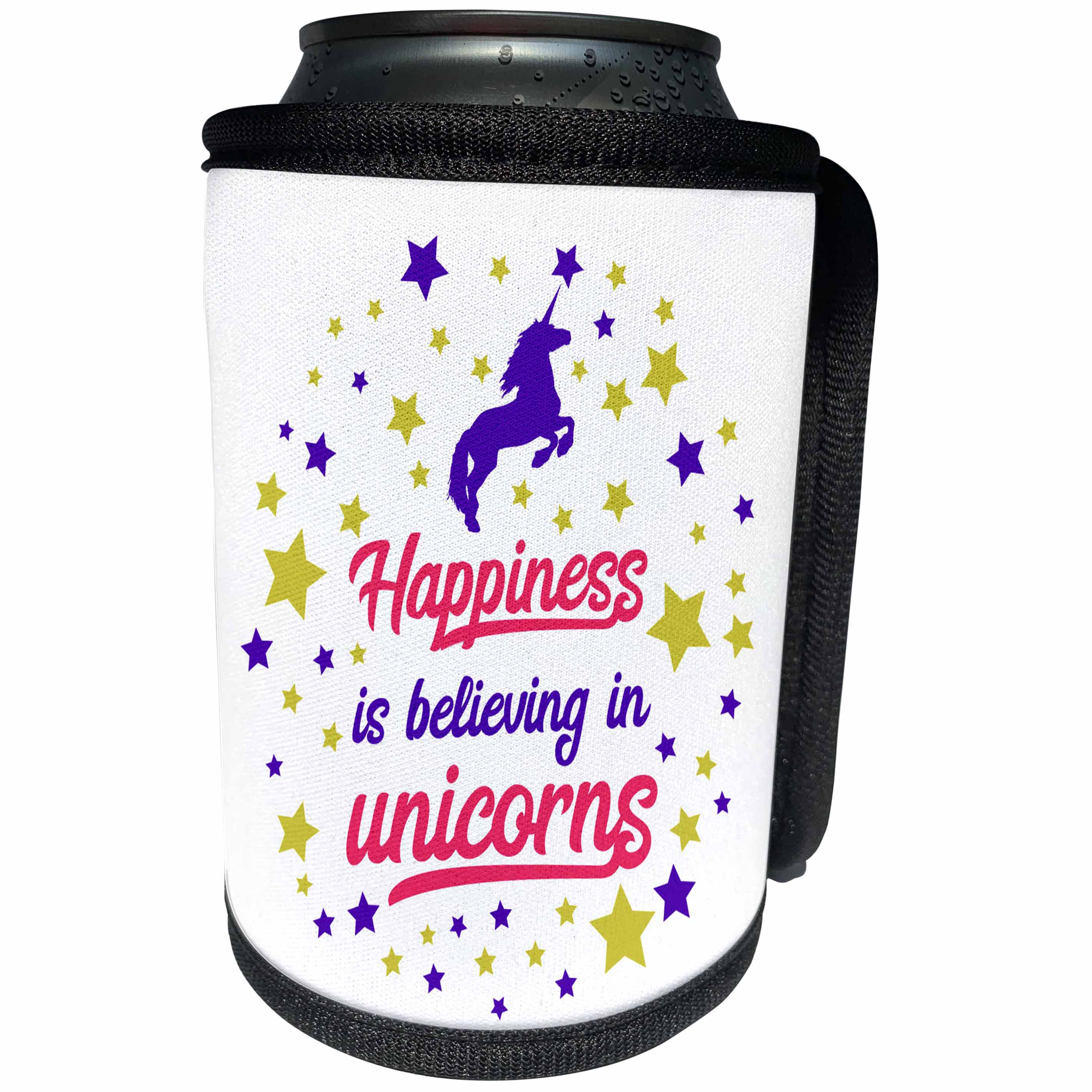 3dRose AMansMall Animal Typography - Happiness Is Believing In Unicorns Fantasy, Magical, 3drsmm - Can Cooler Bottle Wrap (cc_291787)