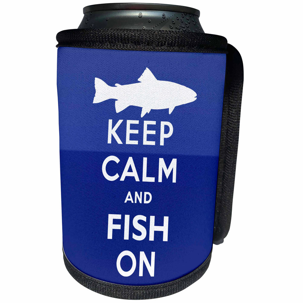 3dRose AmansMall Sports and Typography - Keep Calm and Fish On with Blue Toned Background, 3drsmm - Can Cooler Bottle Wrap (cc_291813)