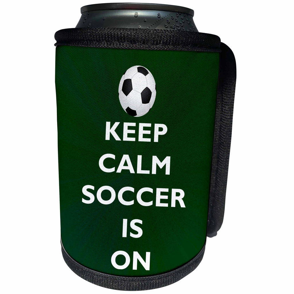 3dRose AmansMall Sports and Typography - Keep Calm Soccer Is On Green Starburst Background, 3drsmm - Can Cooler Bottle Wrap (cc_291814)