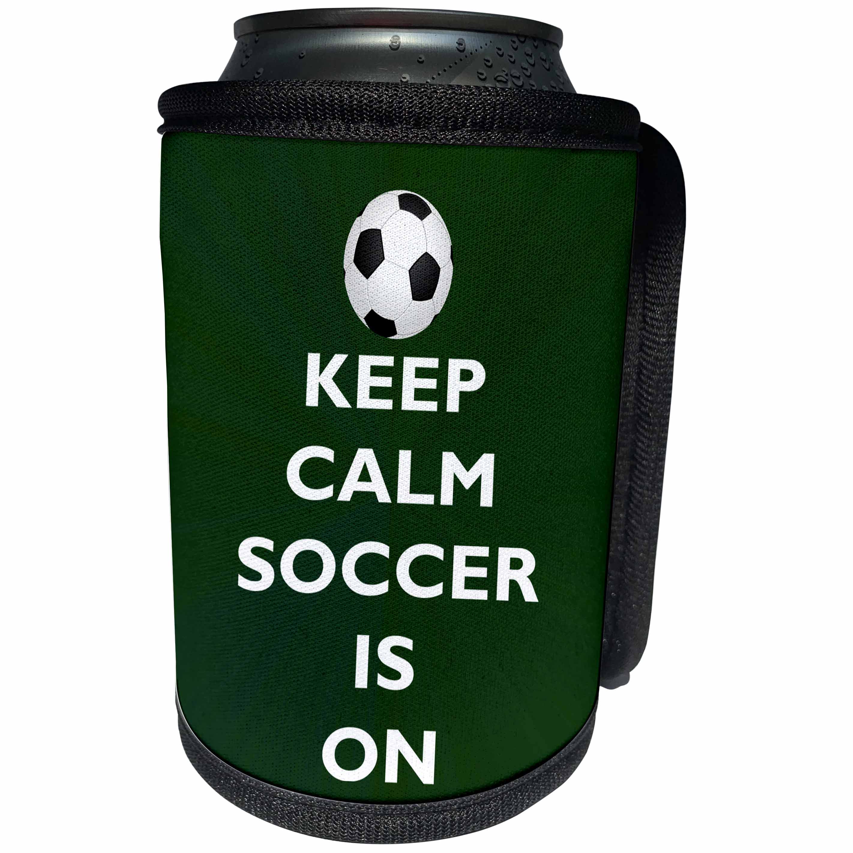 3dRose AmansMall Sports and Typography - Keep Calm Soccer Is On Green Starburst Background, 3drsmm - Can Cooler Bottle Wrap (cc_291814)