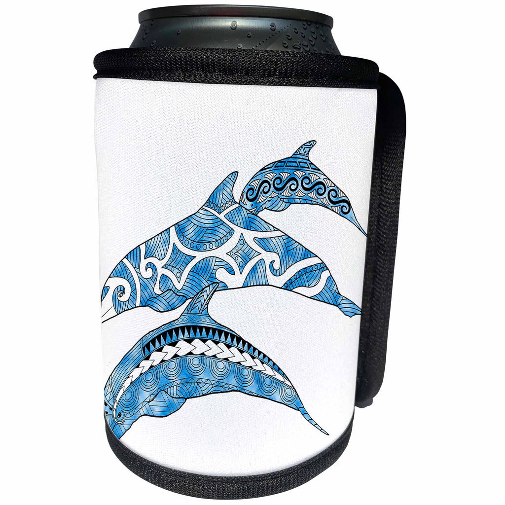 3dRose MacDonald Creative Studios – Tribal Animals - Polynesian tribal artwork of a pod of swimming dolphins. - Can Cooler Bottle Wrap (cc_291818)