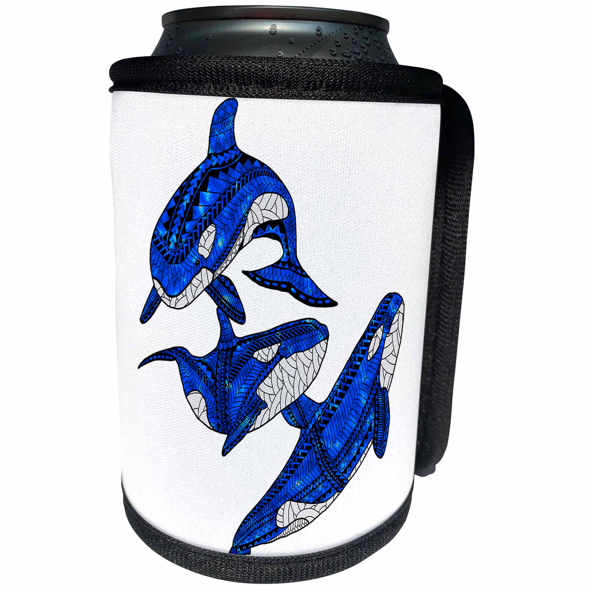 3dRose MacDonald Creative Studios – Tribal Animals - Polynesian tribal artwork of a group of three Orcas or killer whales. - Can Cooler Bottle Wrap (cc_291819)