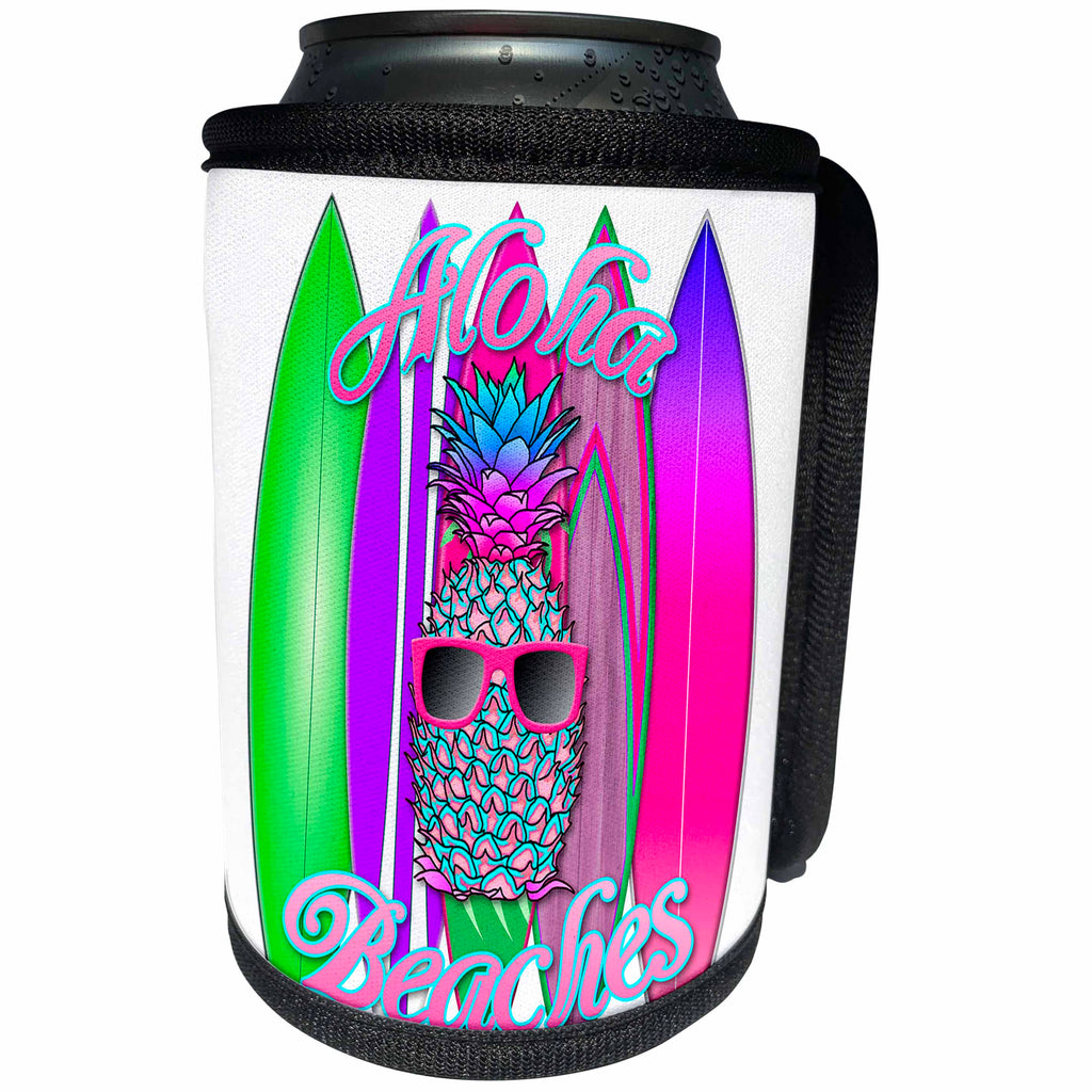 3dRose MacDonald Creative Studios - Hawaii - Funny Aloha Beaches with tropical pineapple and a stack of surfboards. - Can Cooler Bottle Wrap (cc_291823)