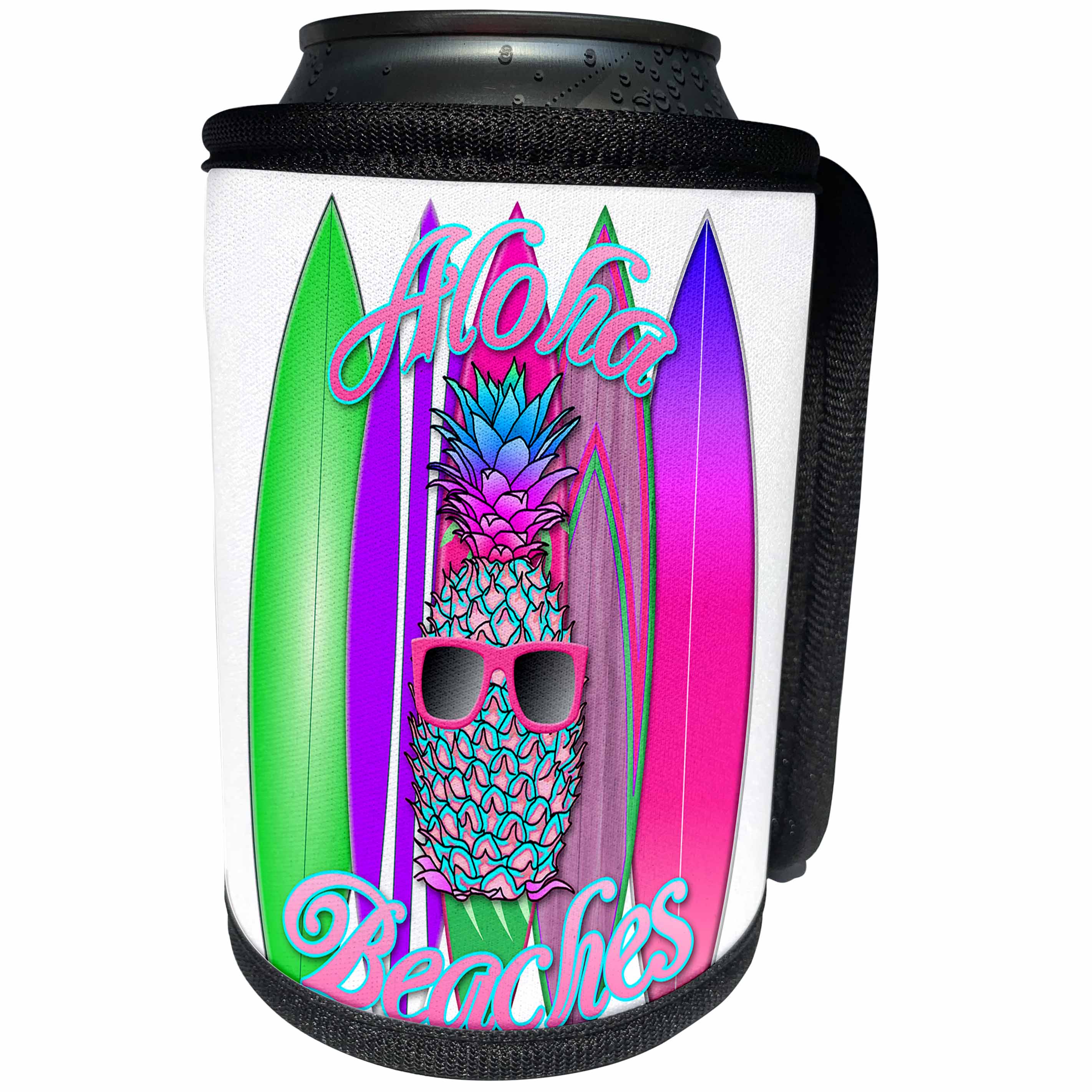 3dRose MacDonald Creative Studios - Hawaii - Funny Aloha Beaches with tropical pineapple and a stack of surfboards. - Can Cooler Bottle Wrap (cc_291823)