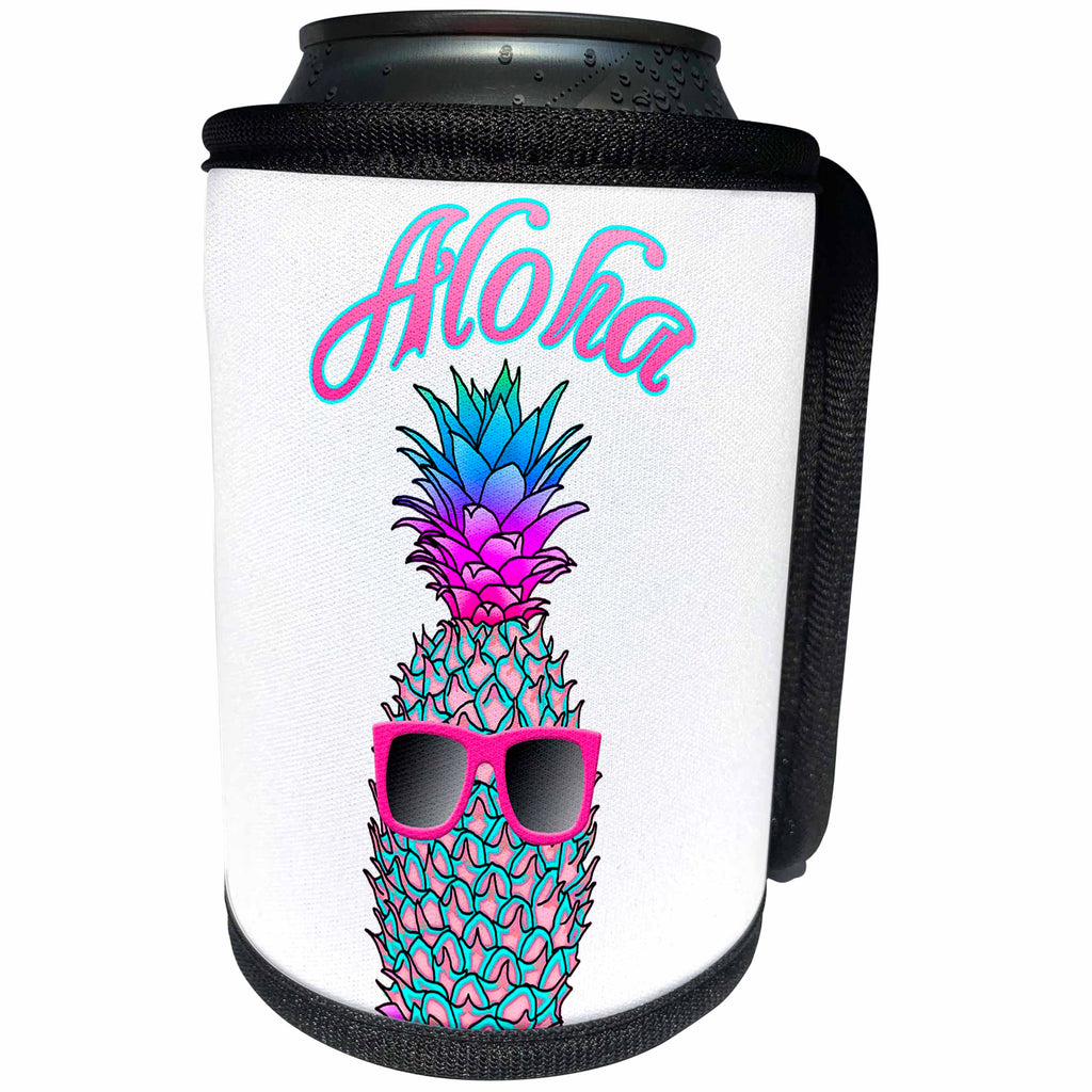 3dRose MacDonald Creative Studios - Hawaii - Aloha Hawaiian design with a cool tropical pineapple in sunglasses. - Can Cooler Bottle Wrap (cc_291826)