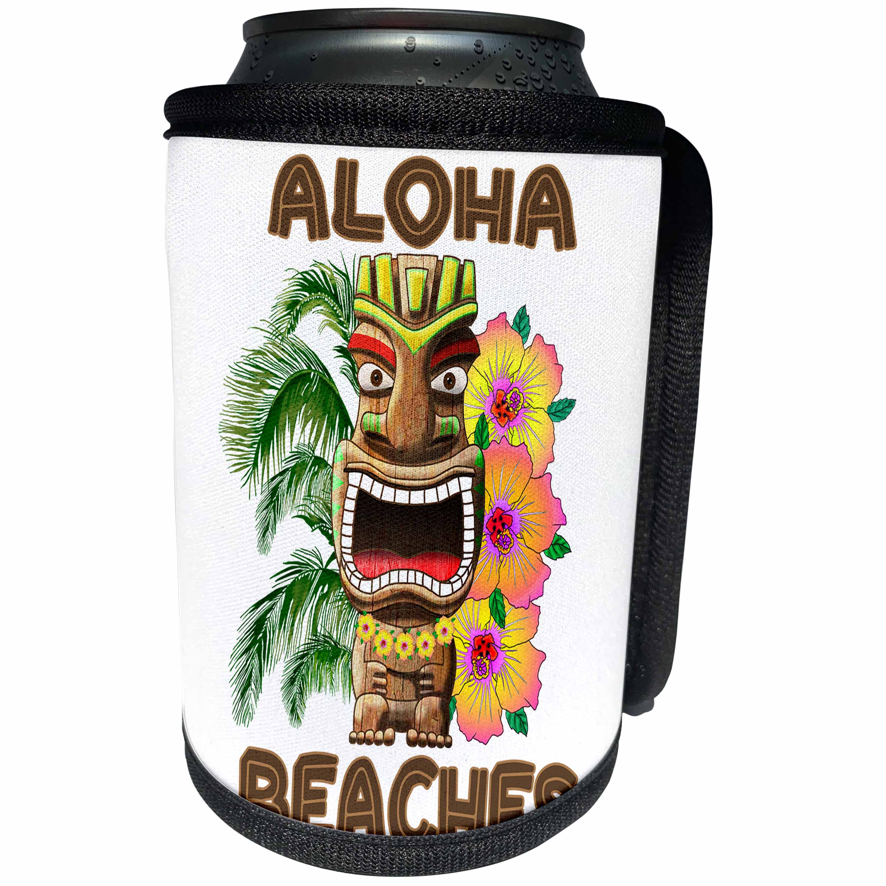 3dRose MacDonald Creative Studios - Hawaii - Funny Aloha Beaches with a cool tropical Hawaiian tiki statue. - Can Cooler Bottle Wrap (cc_291828)