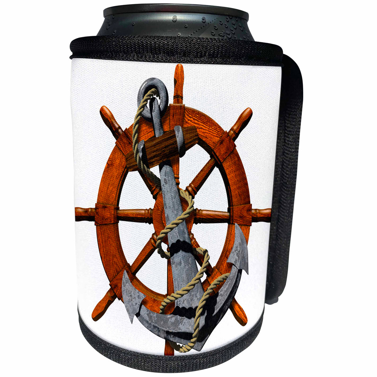 3dRose MacDonald Creative Studios – Nautical - A classic nautical ship anchor and helm for any boater or sailor. - Can Cooler Bottle Wrap (cc_291835)
