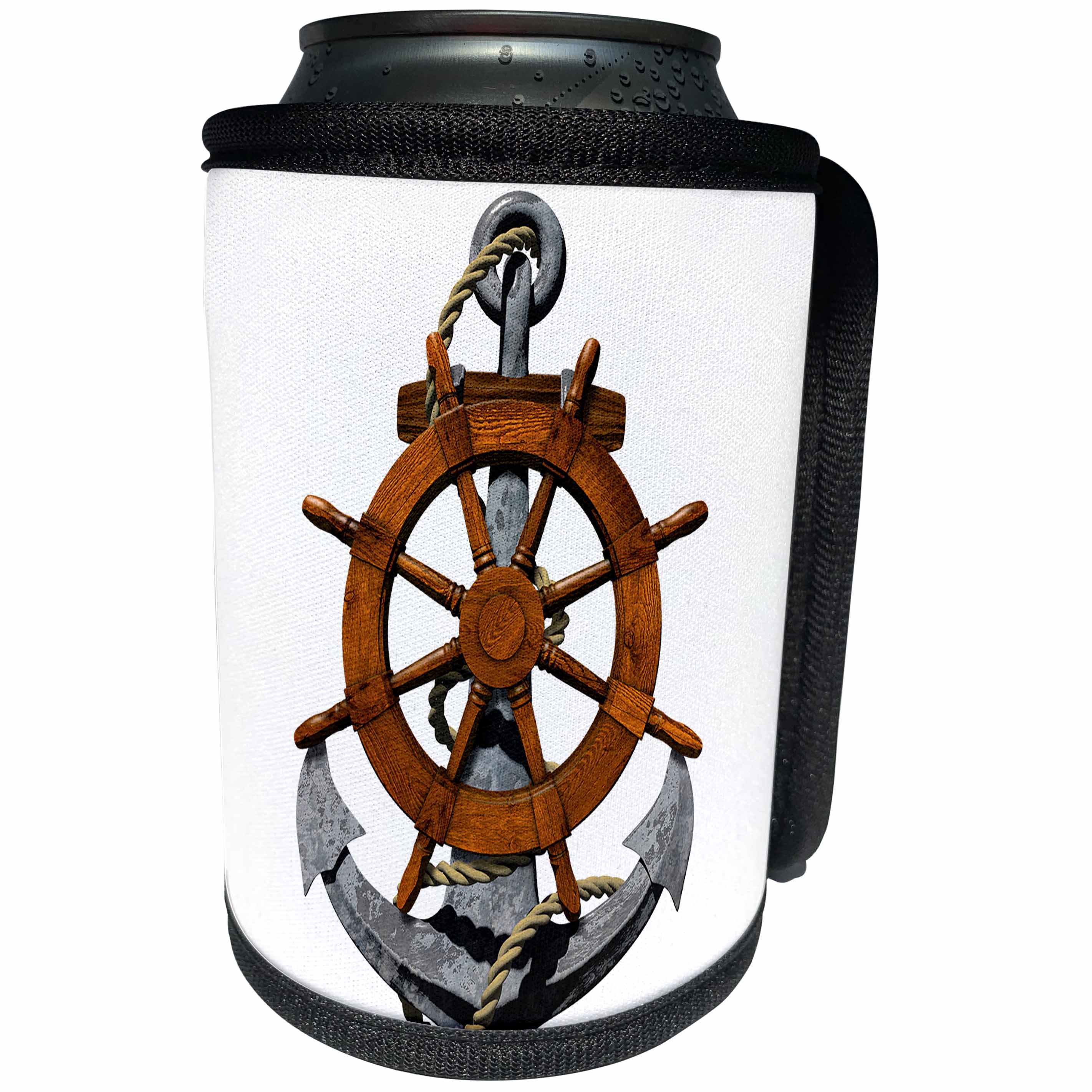 3dRose MacDonald Creative Studios – Nautical - A classic nautical ship anchor and helm for any boater or sailor. - Can Cooler Bottle Wrap (cc_291838)