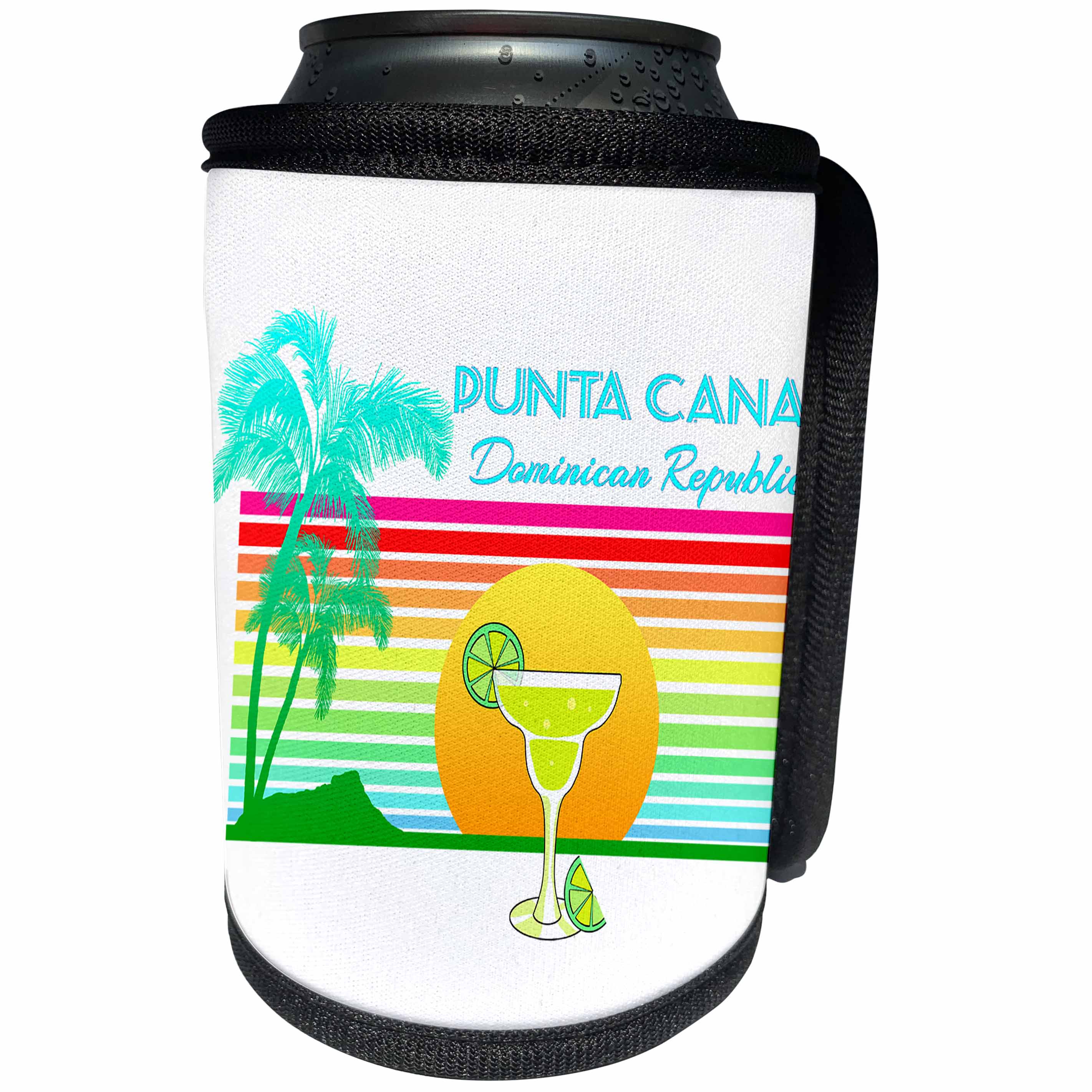 3dRose MacDonald Creative Studios – Caribbean - Retro Punta Cana Dominican Republic tropical design with a margarita. - Can Cooler Bottle Wrap (cc_291842)