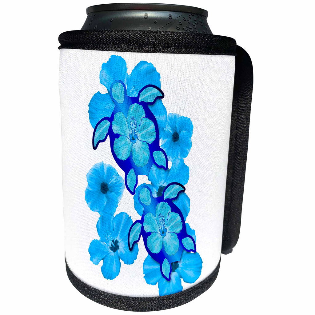 3dRose MacDonald Creative Studios – Hawaii - Tropical Hawaiian honu turtle symbols with ocean blue tropical flowers - Can Cooler Bottle Wrap (cc_291855)